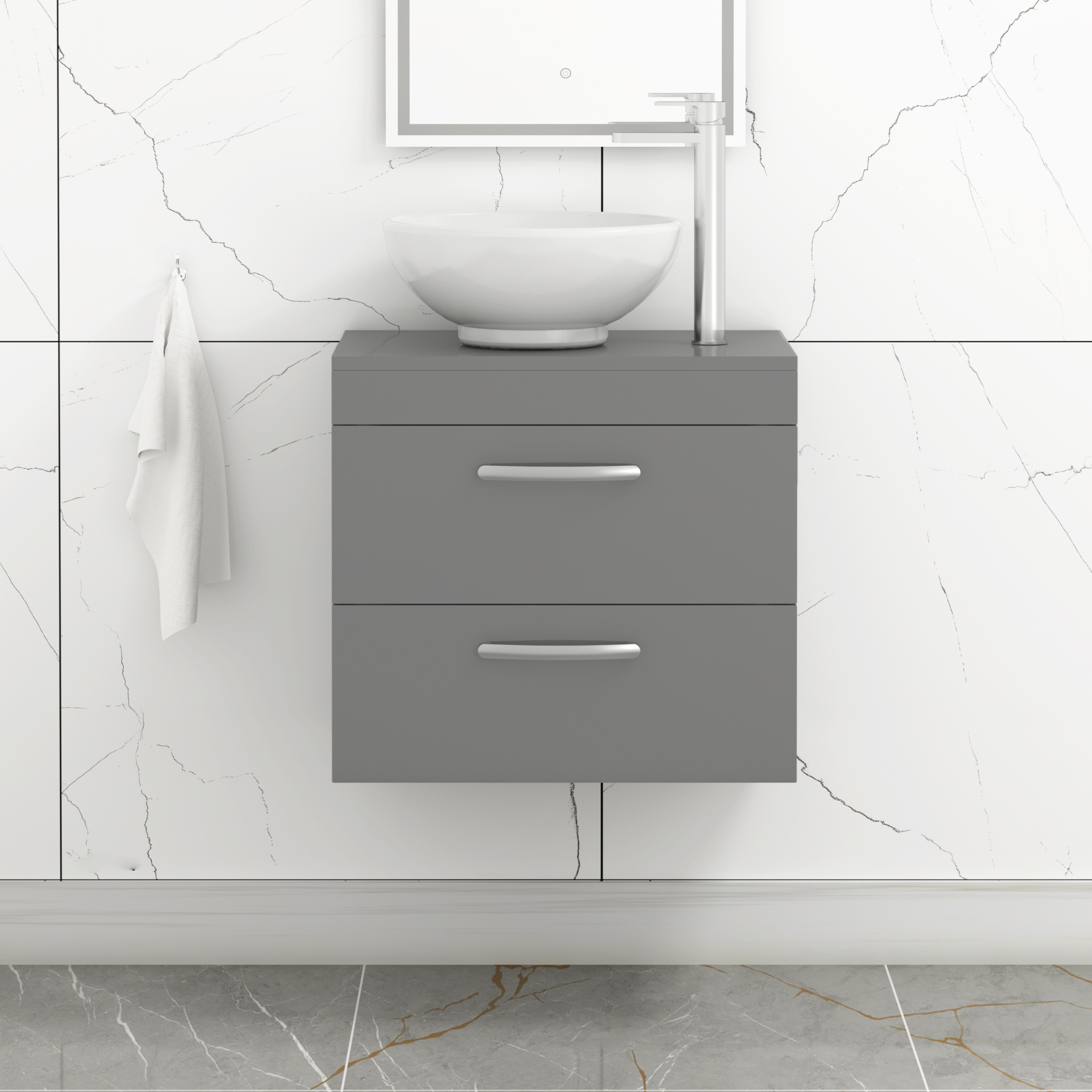 500/600/800mm Wall Hung Vanity Unit 2-Drawer Indigo Grey Gloss & Breeze Countertop Basin - Various Sizes
