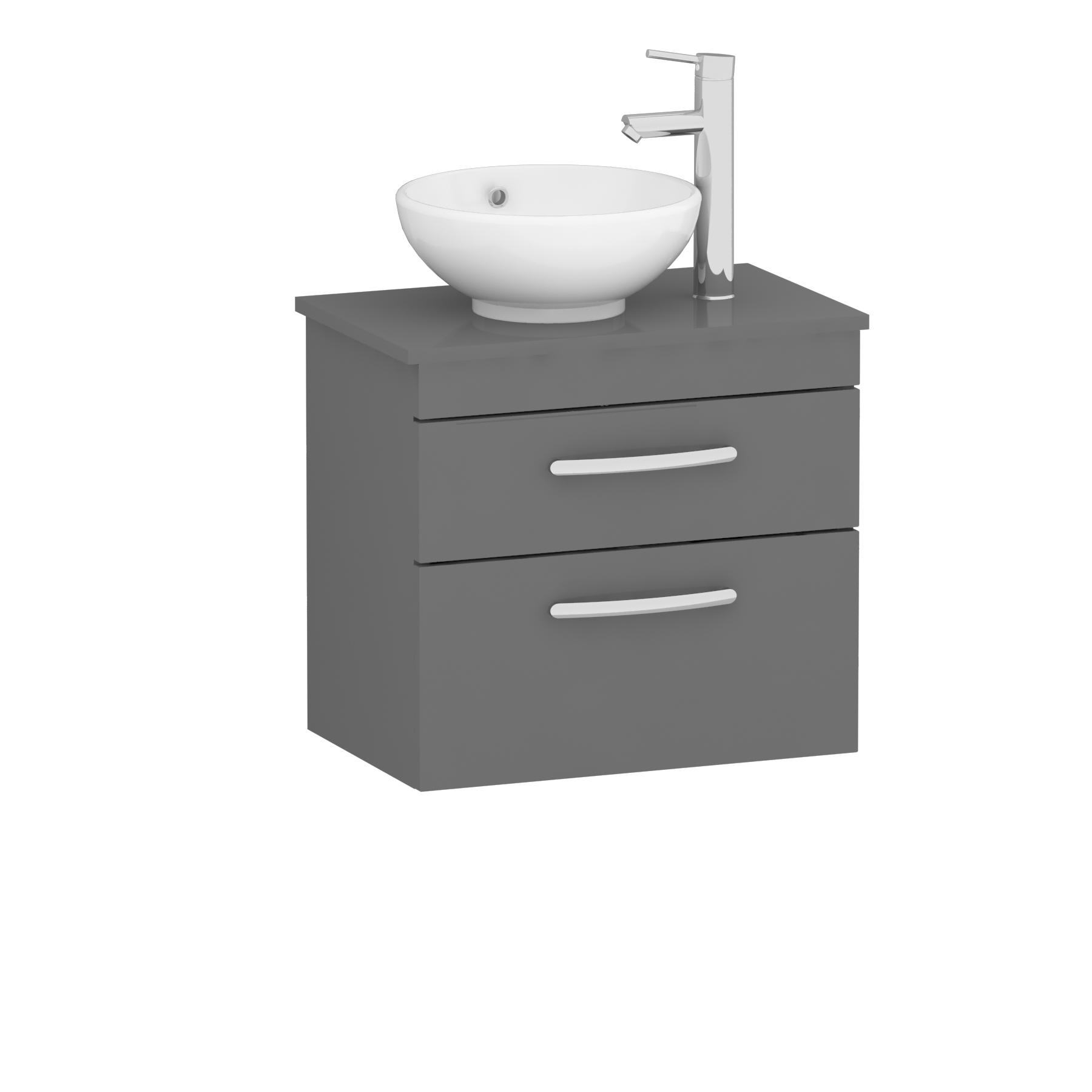 600mm Wall Hung Vanity Unit 2 Drawer Indigo Grey Gloss & Breeze Countertop Basin 