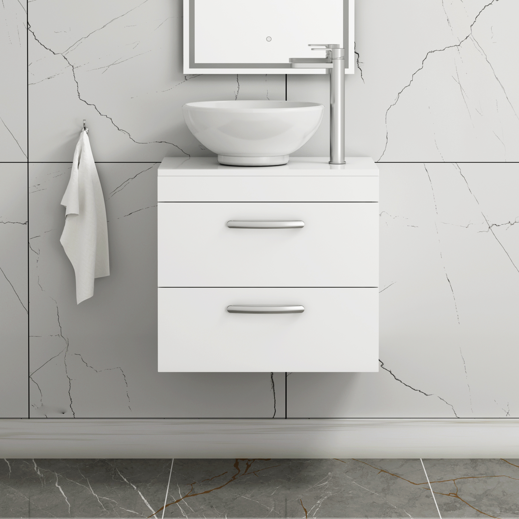 500/600/800mm Wall Hung Vanity Unit 2-Drawer Gloss White & Breeze Countertop Basin - Various Sizes