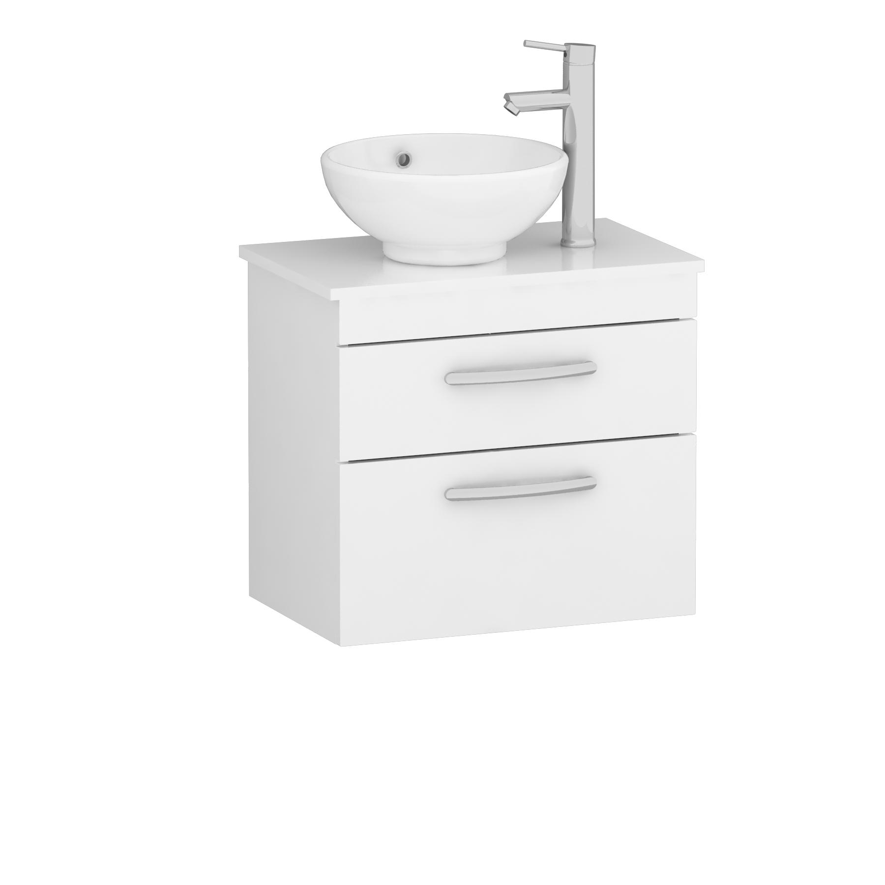 600mm Wall Hung Vanity Unit 2 Drawer Gloss White & Breeze Countertop Basin 