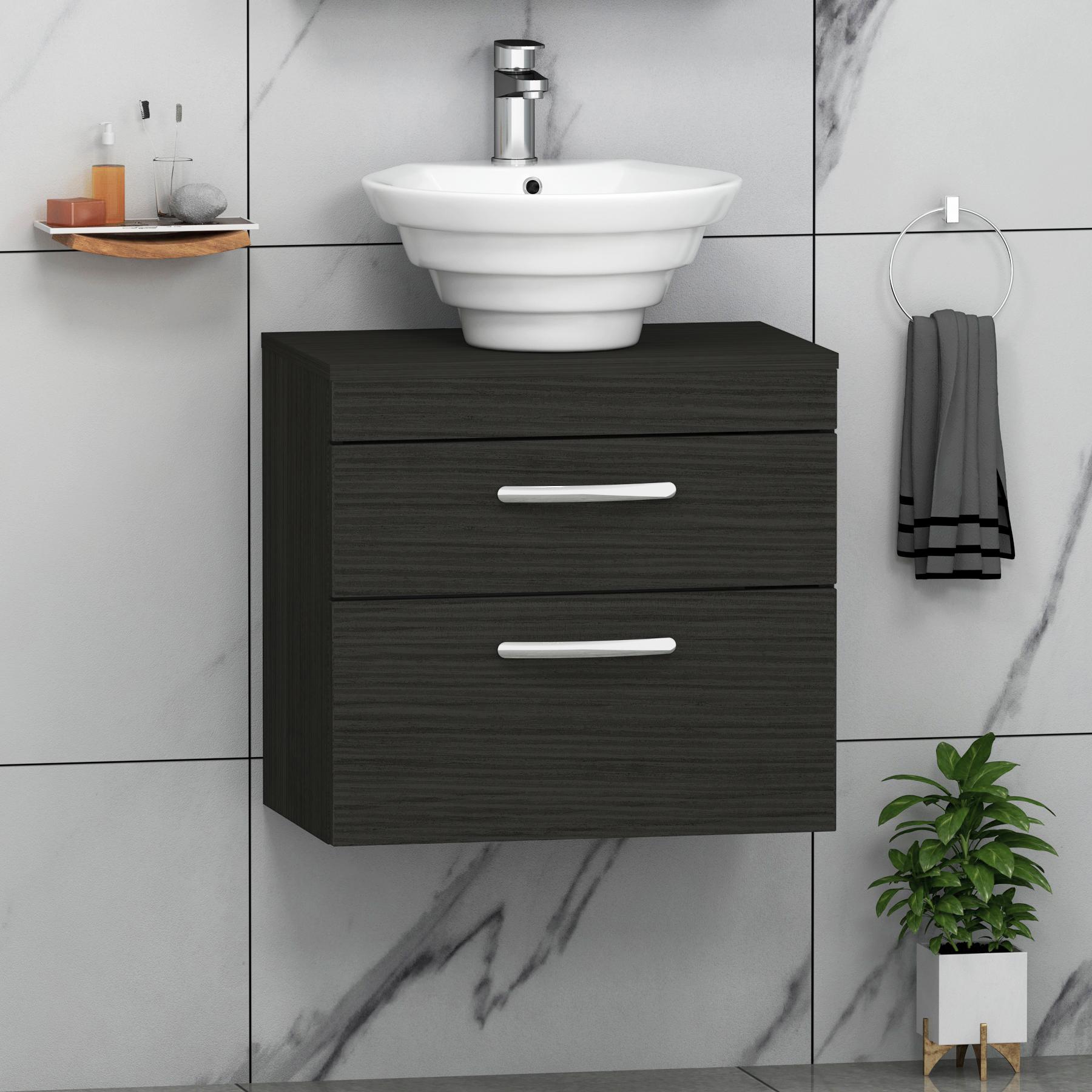 Turin 600mm Wall Hung Vanity Unit 2 Drawer Matt Black & Various Countertop Basins