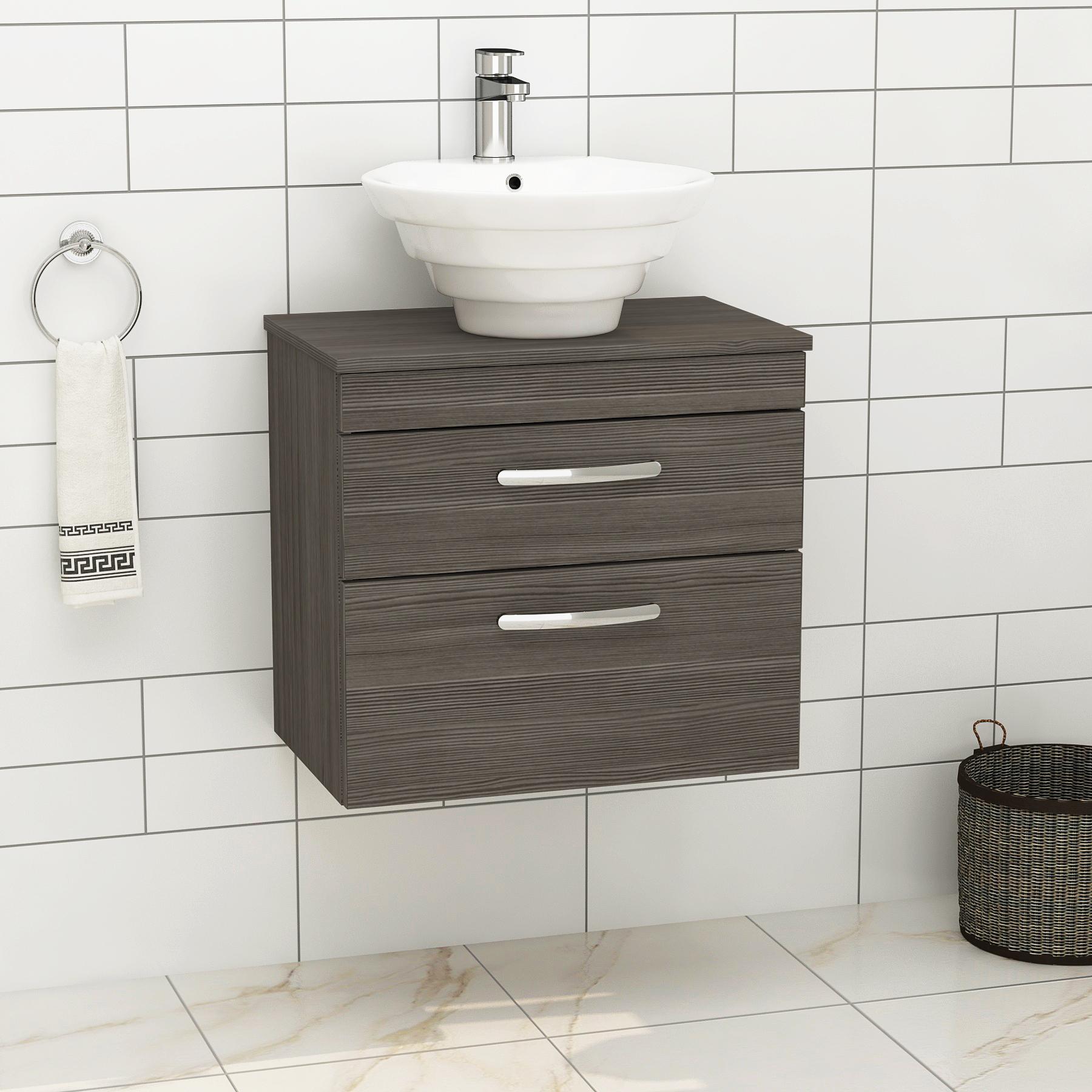 Turin 600mm Wall Hung Vanity Unit 2 Drawers Grey Elm & Various Countertop Basins