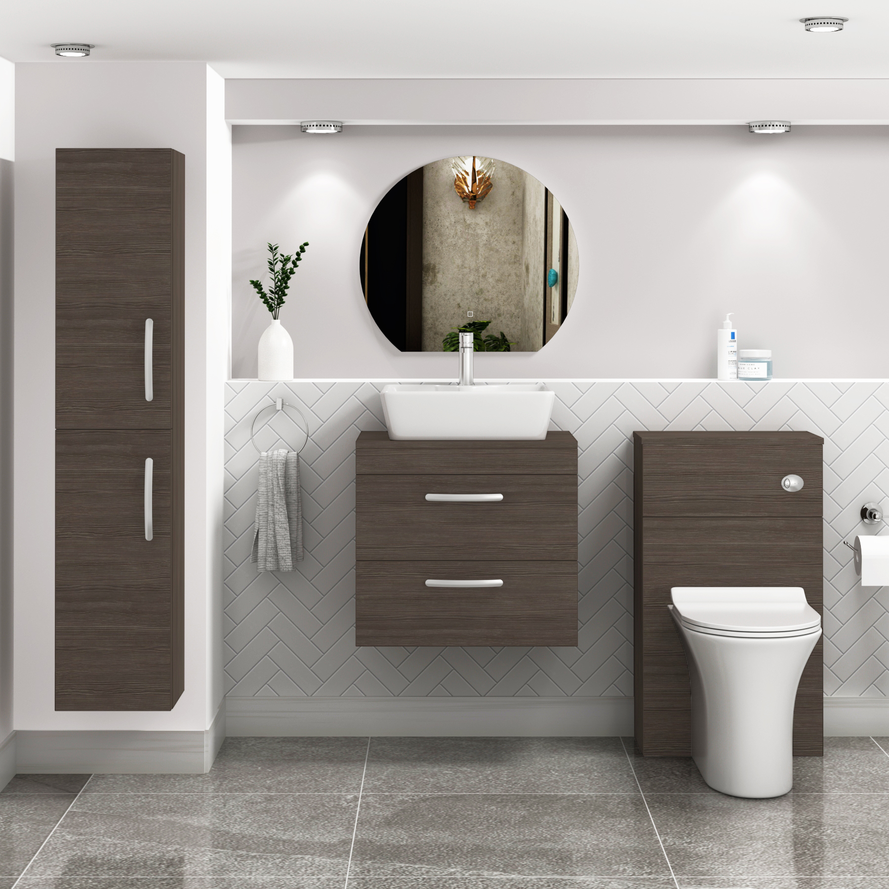 500/600/800mm Wall Hung Vanity Unit 2-Drawer Grey Elm & Cube Countertop Basin - Various Sizes