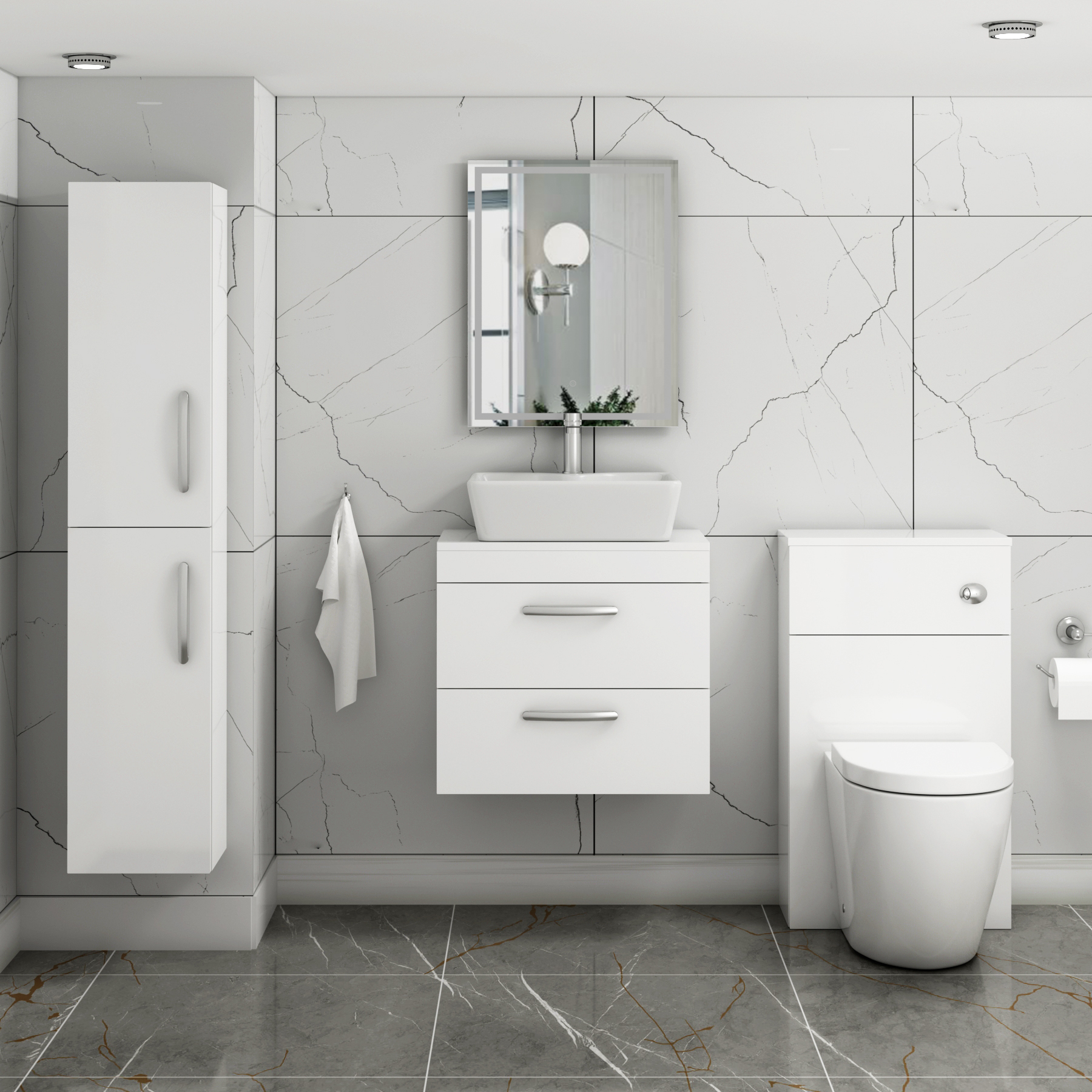 500/600/800mm Wall Hung Vanity Unit 2-Drawer Gloss White & Cube Countertop Basin - Various Sizes