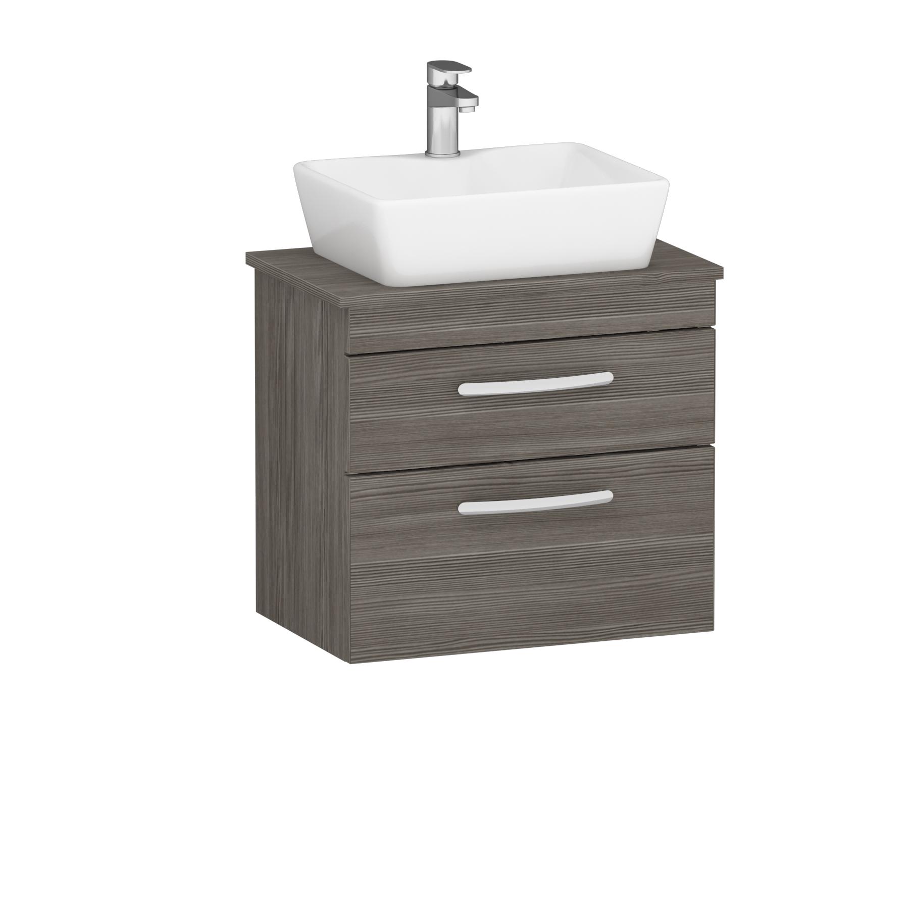 600mm Wall Hung Vanity Unit 2 Drawer Grey Elm & Cube Countertop Basin 