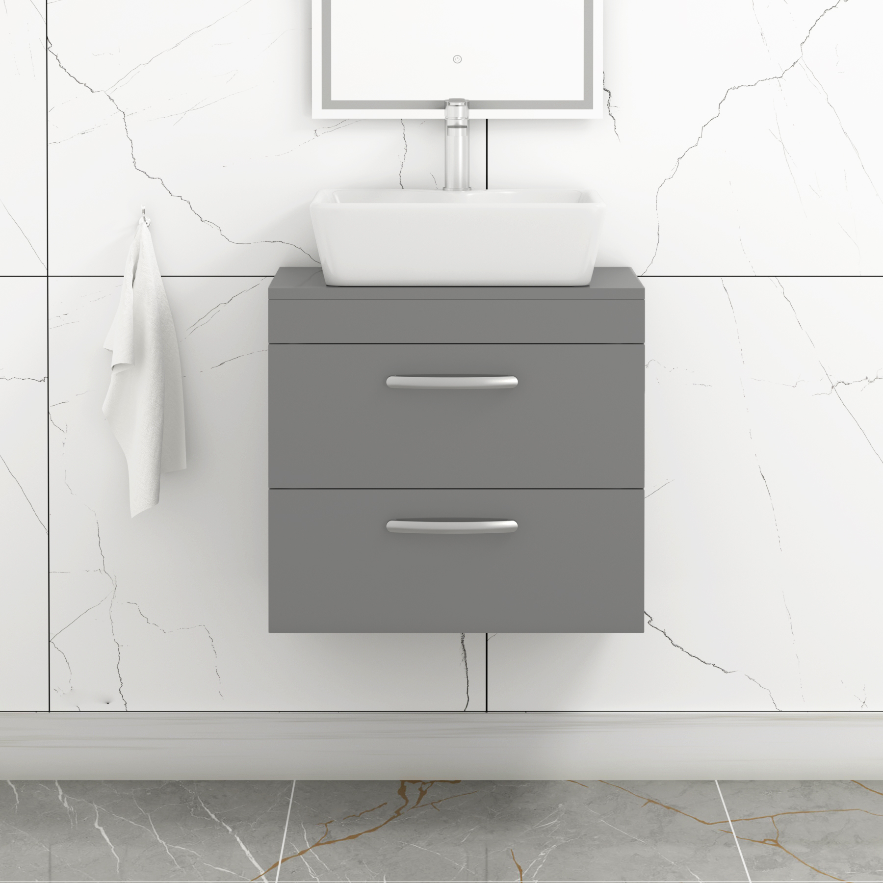 500/600/800mm Wall Hung Vanity Unit 2-Drawer Indigo Grey Gloss & Cube Countertop Basin - Various Sizes