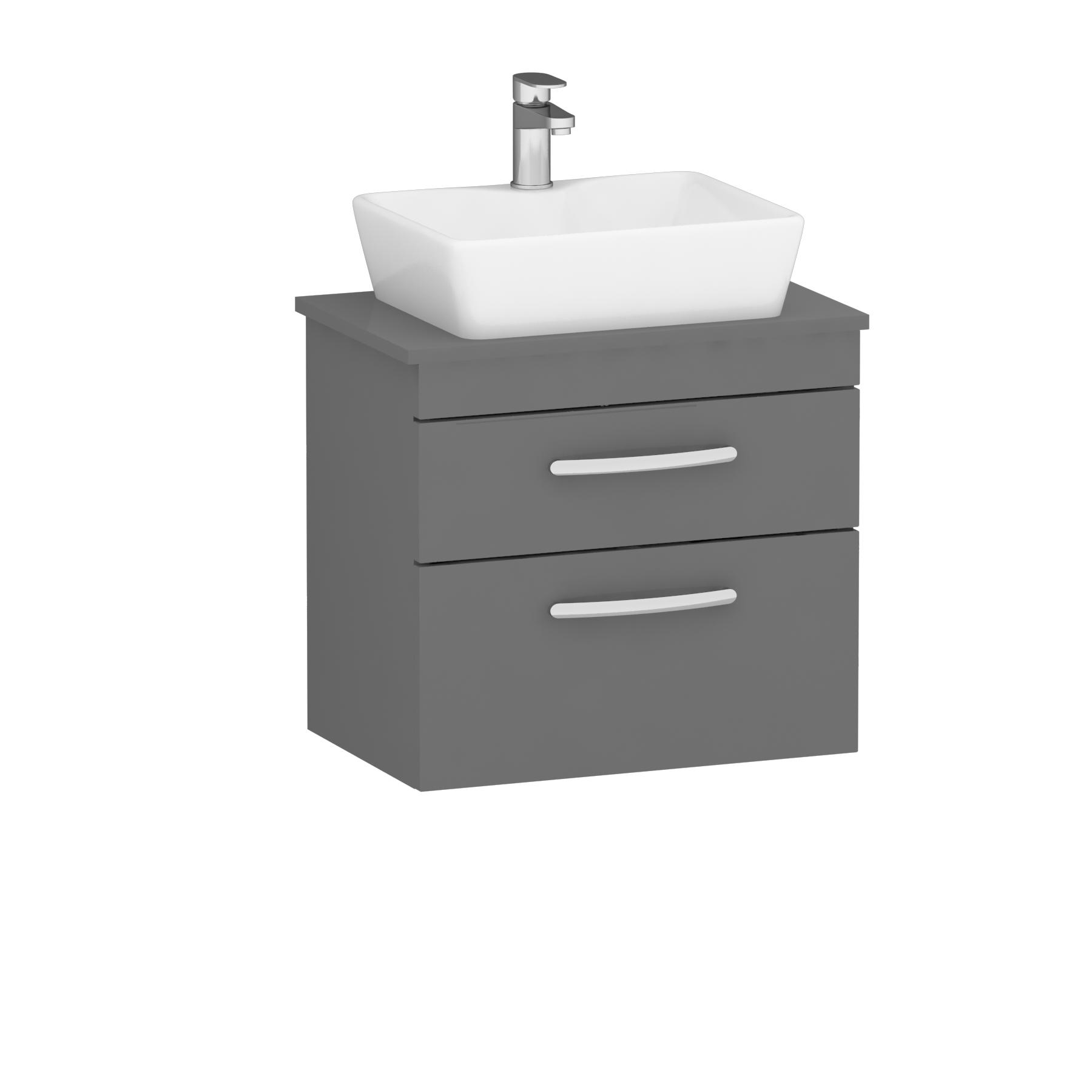 600mm Wall Hung Vanity Unit 2 Drawer Indigo Grey Gloss & Cube Countertop Basin 
