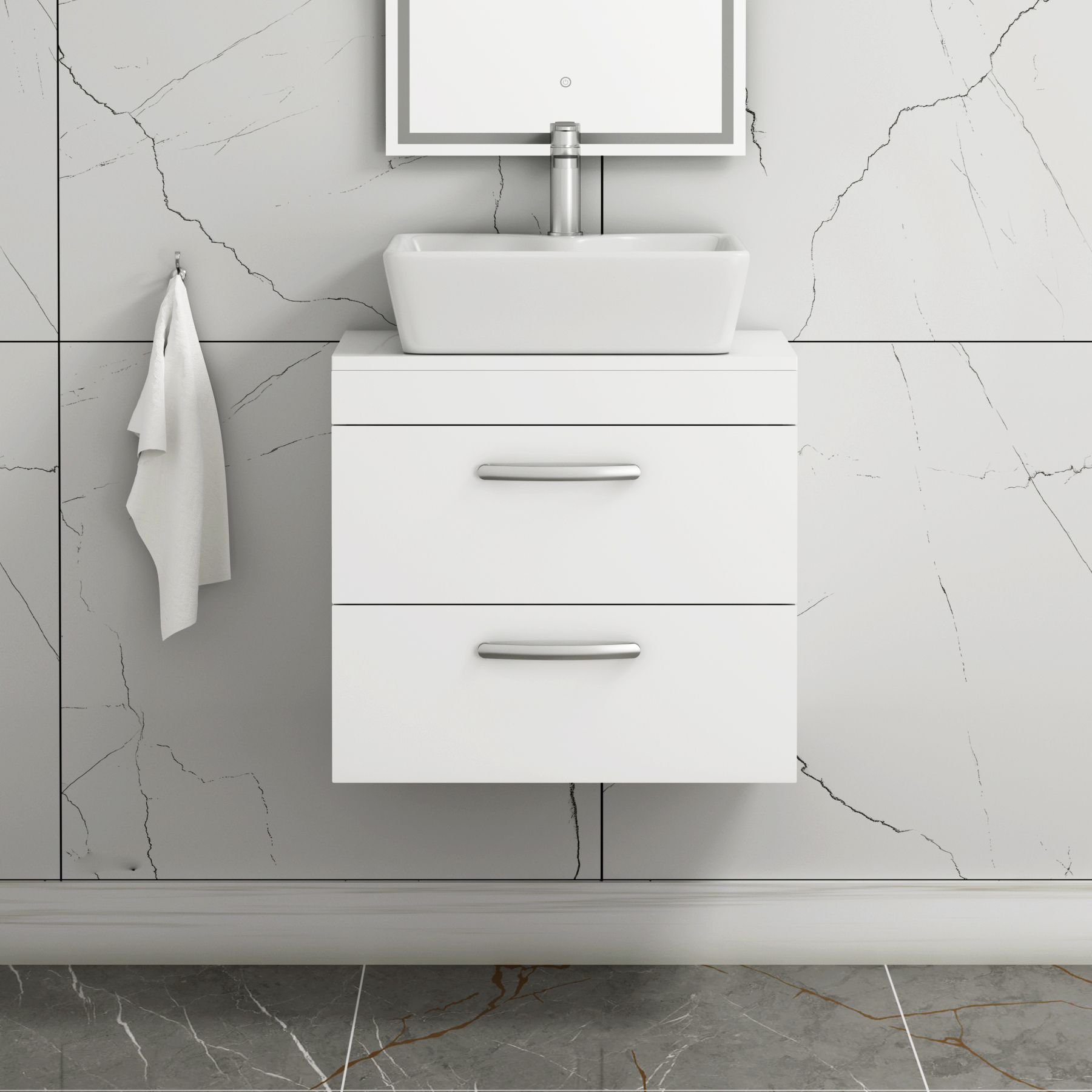 500/600/800mm Wall Hung Vanity Unit 2-Drawer Gloss White & Cube Countertop Basin - Various Sizes