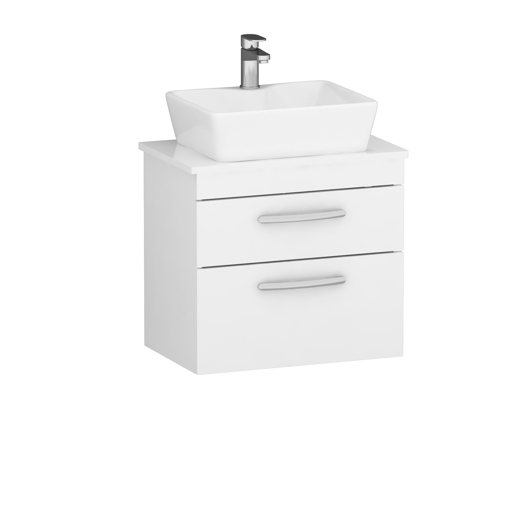 600mm Wall Hung Vanity Unit 2 Drawer Gloss White & Cube Countertop Basin 