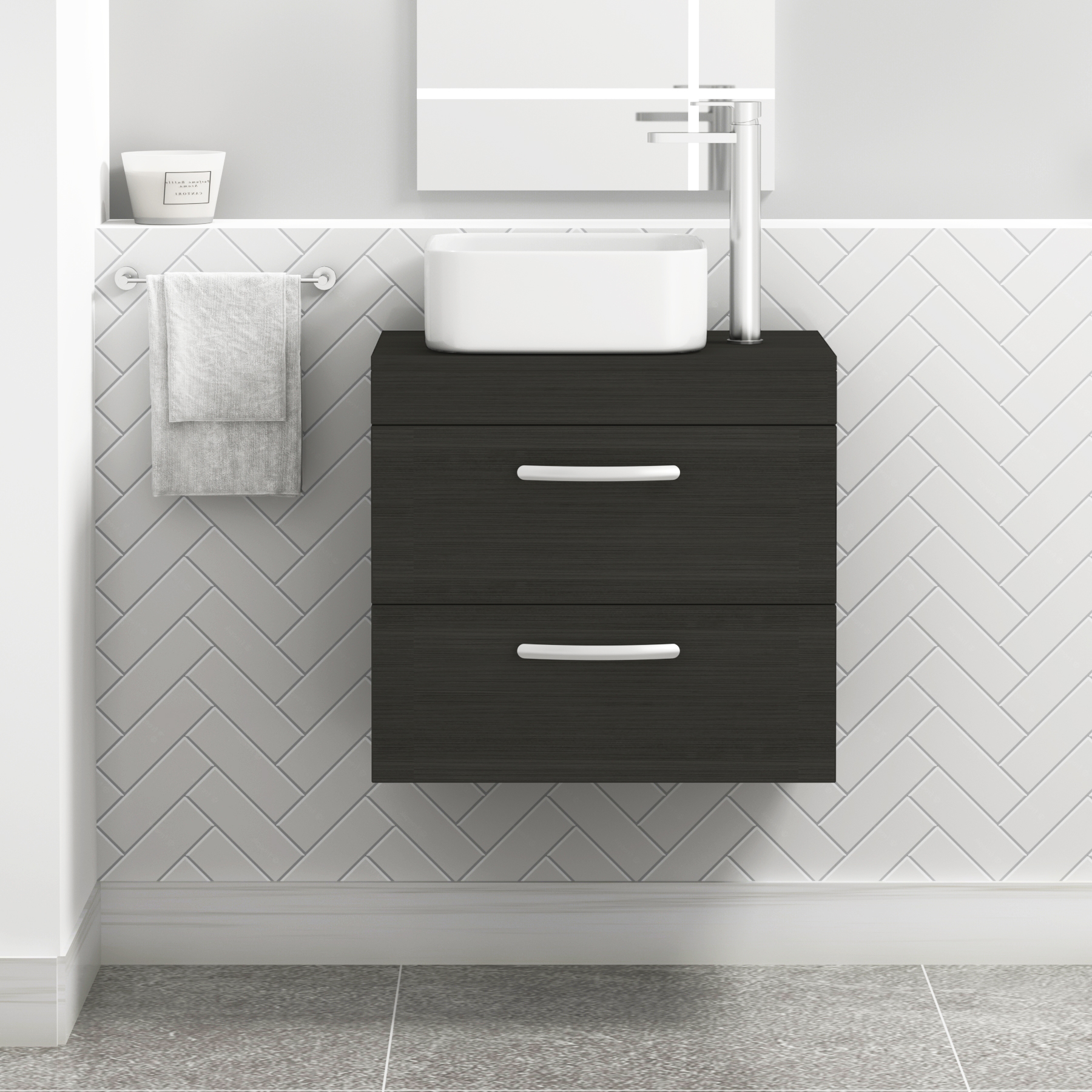 Turin 600mm Wall Hung Vanity Unit 2 Drawer Matt Black & Various Countertop Basins