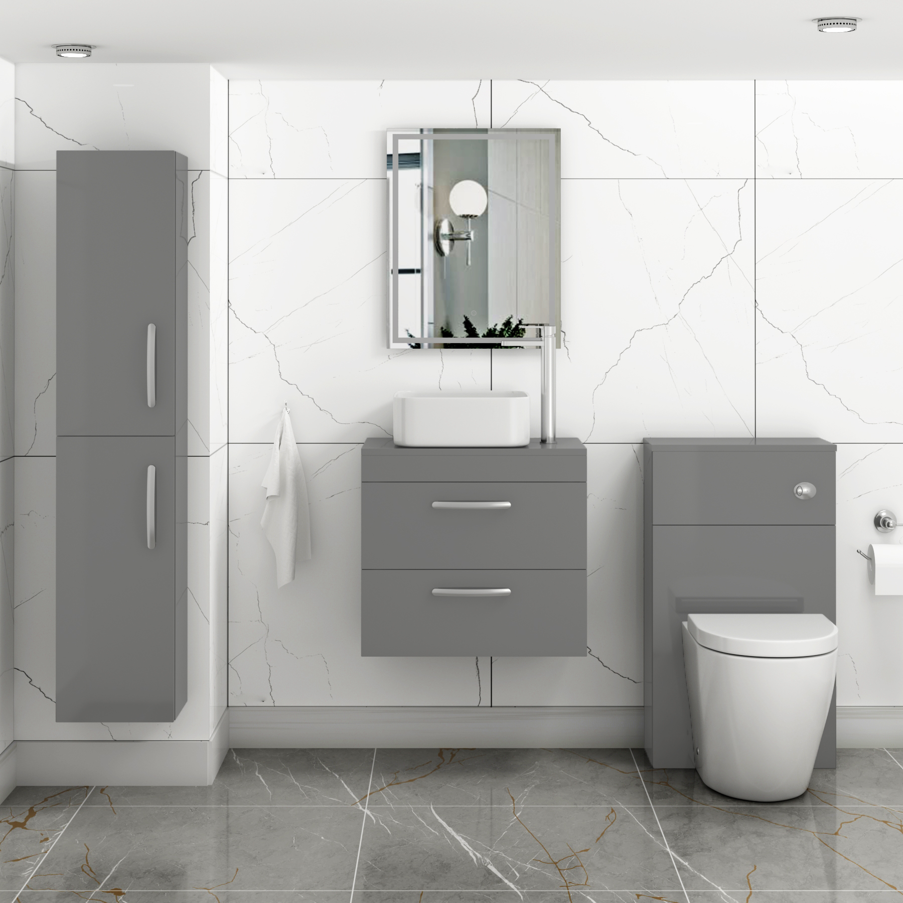 500/600/800mm Wall Hung Vanity Unit 2-Drawer Indigo Grey Gloss & Elena Countertop Basin - Various Sizes