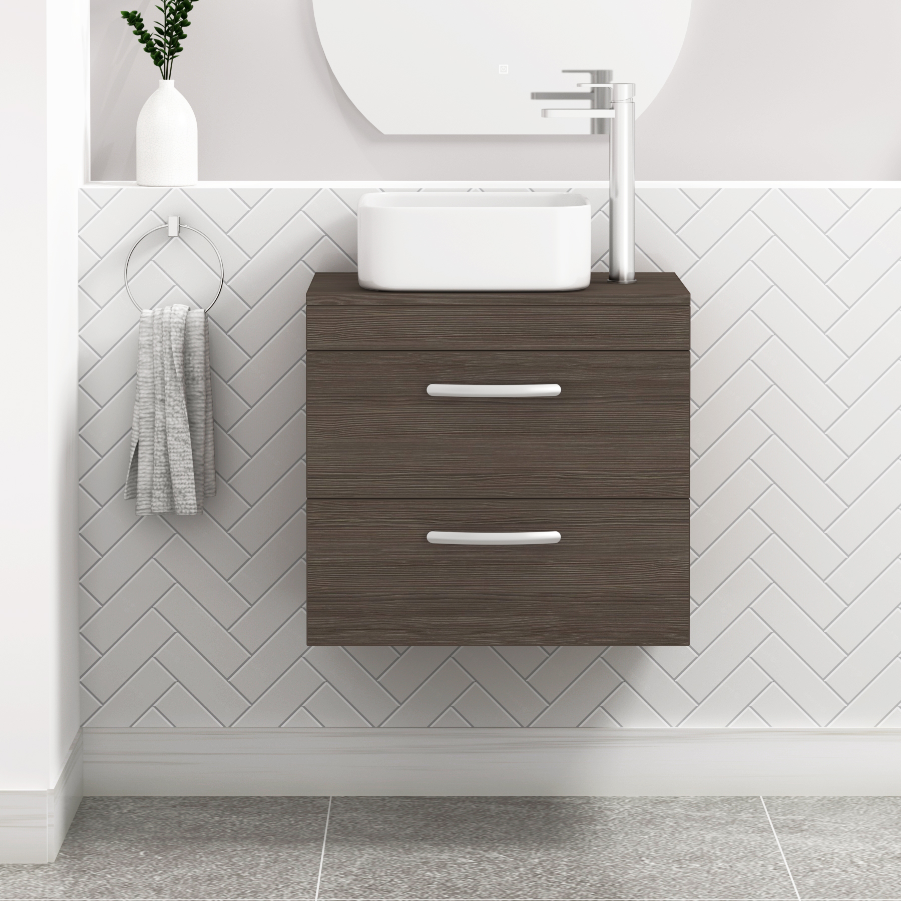 500/600/800mm Wall Hung Vanity Unit 2-Drawer Grey Elm & Elena Countertop Basin - Various Sizes
