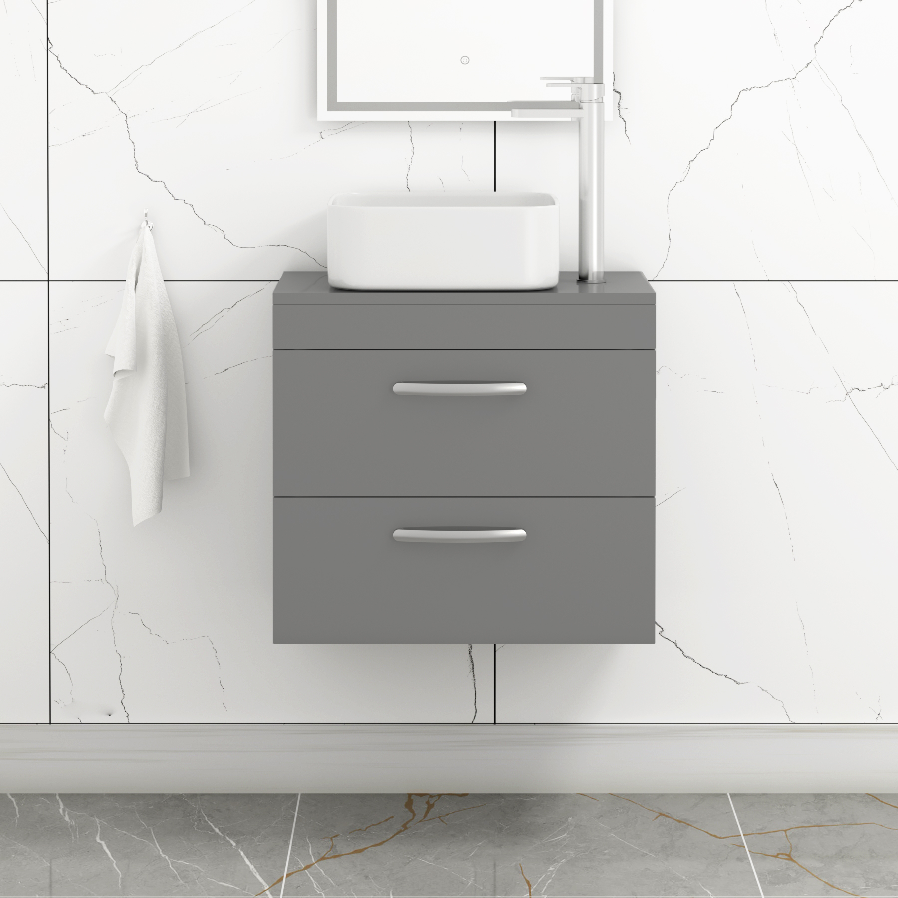 500/600/800mm Wall Hung Vanity Unit 2-Drawer Indigo Grey Gloss & Elena Countertop Basin - Various Sizes