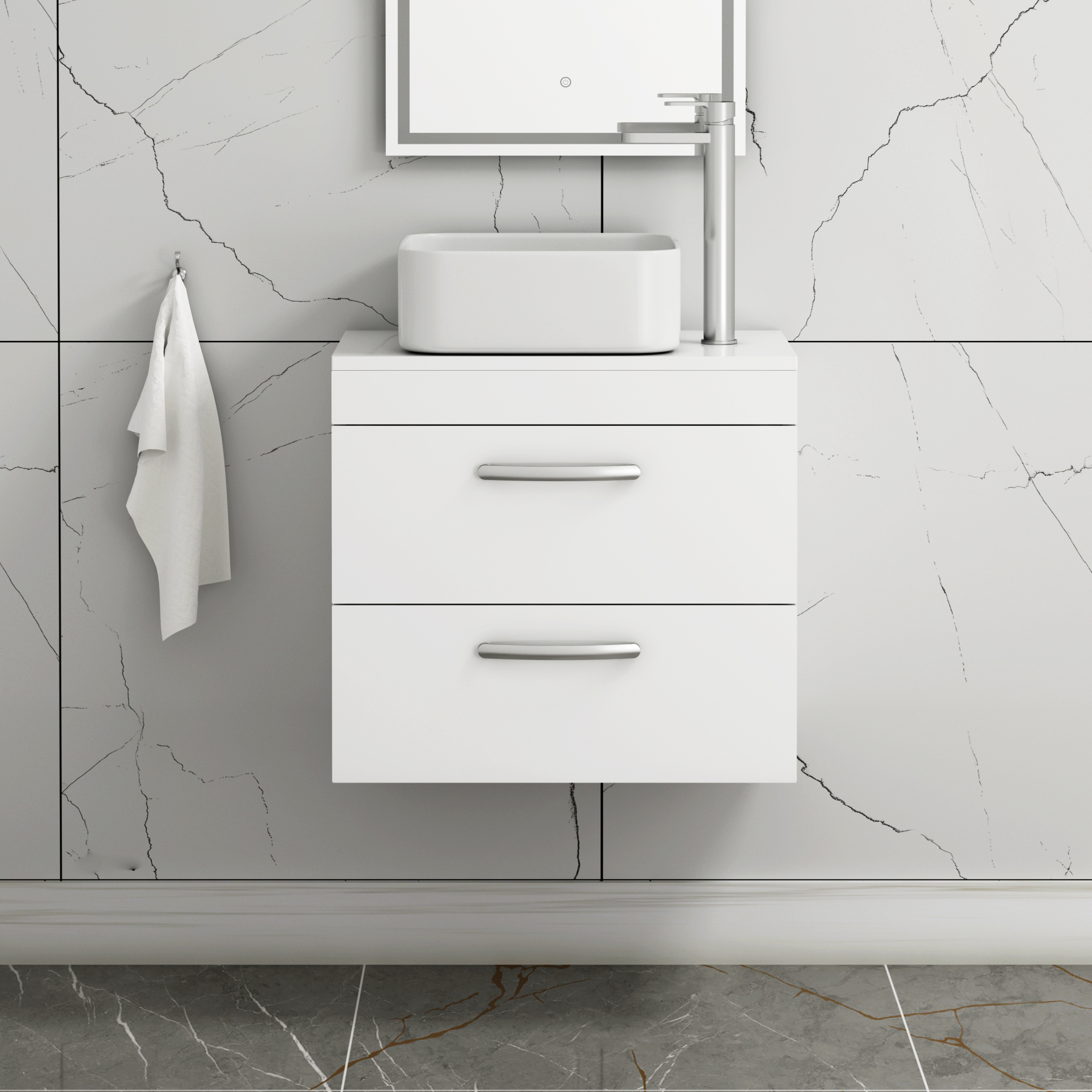 500/600/800mm Wall Hung Vanity Unit 2-Drawer Gloss White & Elena Countertop Basin - Various Sizes