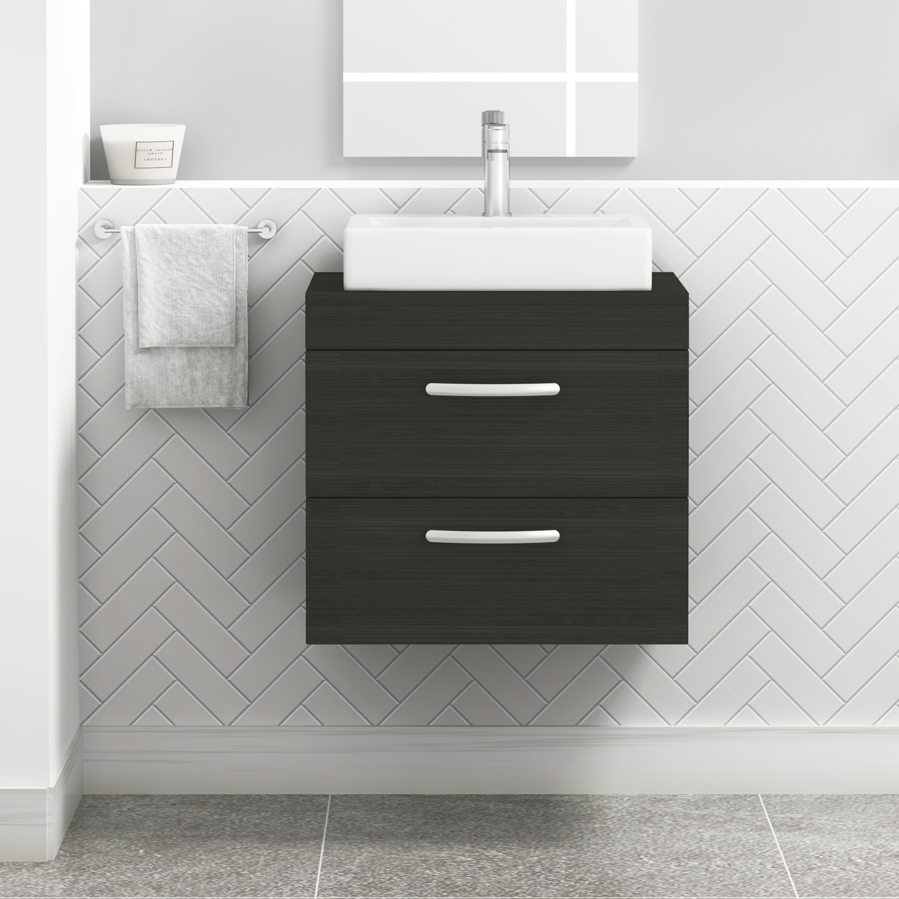 Turin 600mm Wall Hung Vanity Unit 2 Drawer Matt Black & Various Countertop Basins