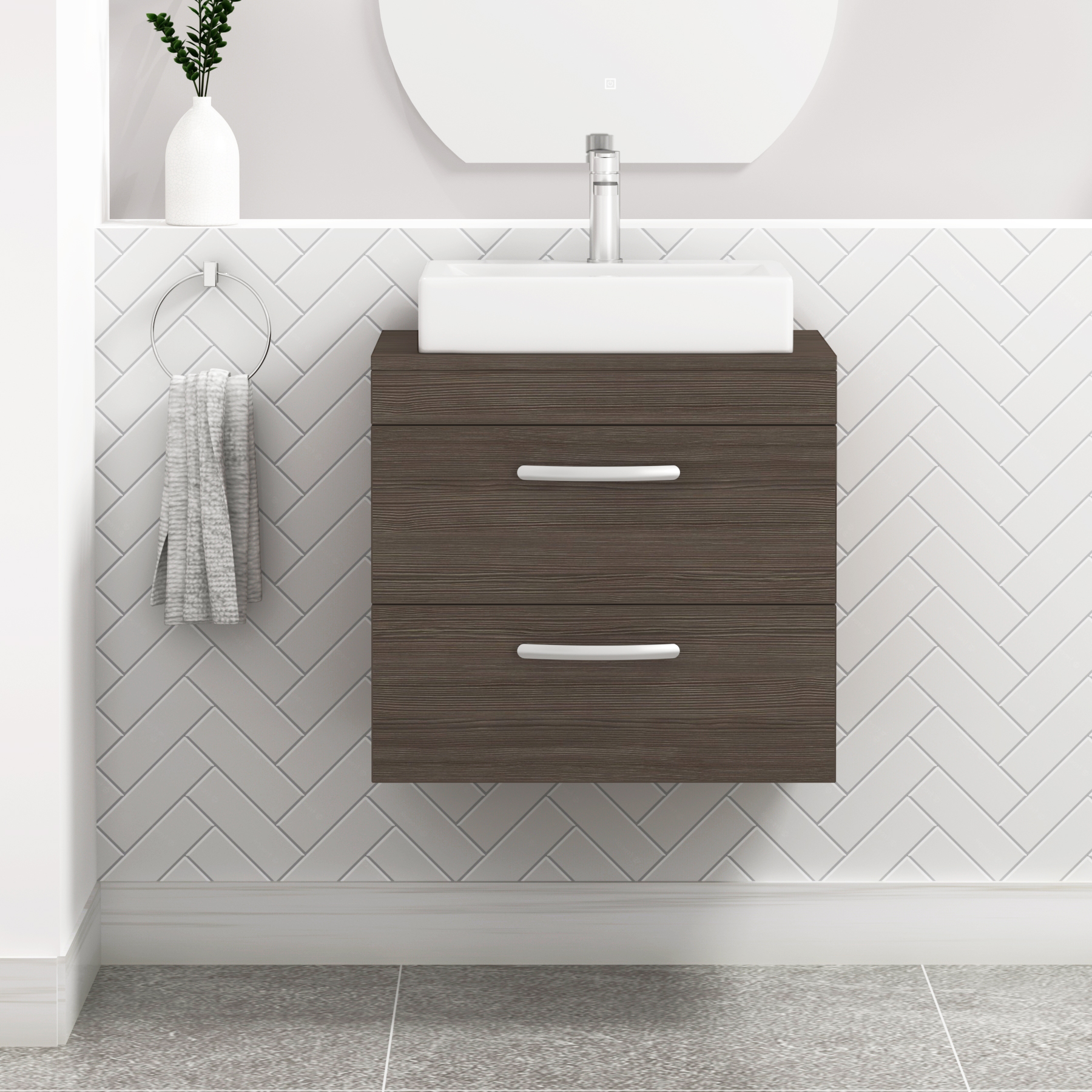 Turin 600mm Wall Hung Vanity Unit 2 Drawers Grey Elm & Various Countertop Basins