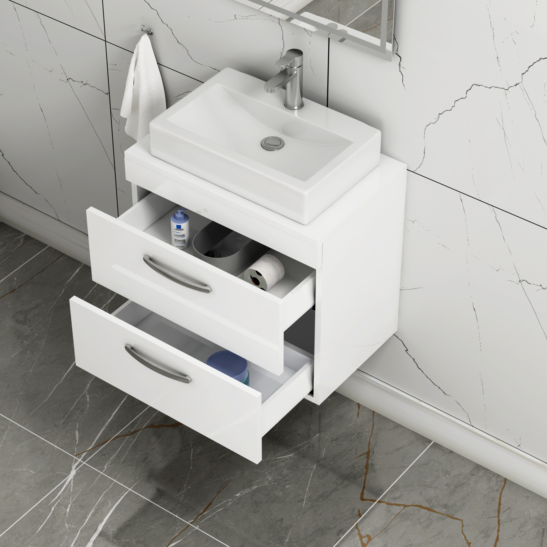 Turin 600mm Wall Hung Vanity Unit 2 Drawers Gloss White & Various Countertop Basins