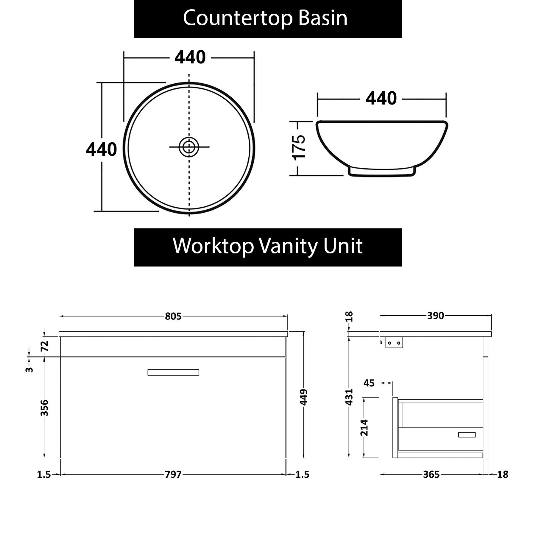 Turin 800mm Grey Elm 1-Drawer Wall Hung Unit & 440mm Round Countertop Basin