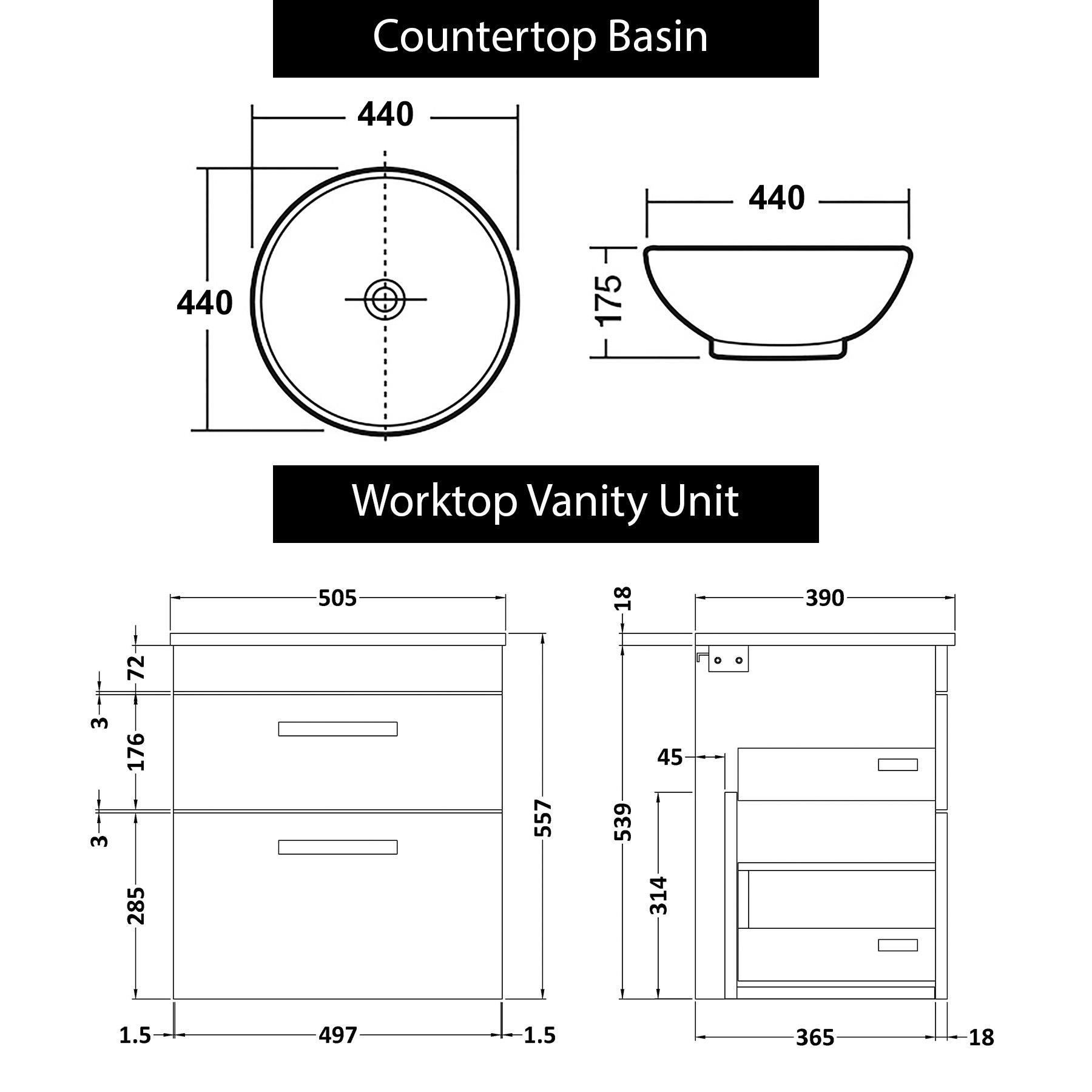 500mm Wall Hung Vanity Unit 2 Drawer Hale Black & Breeze Countertop Basin with Brushed Brass Handle