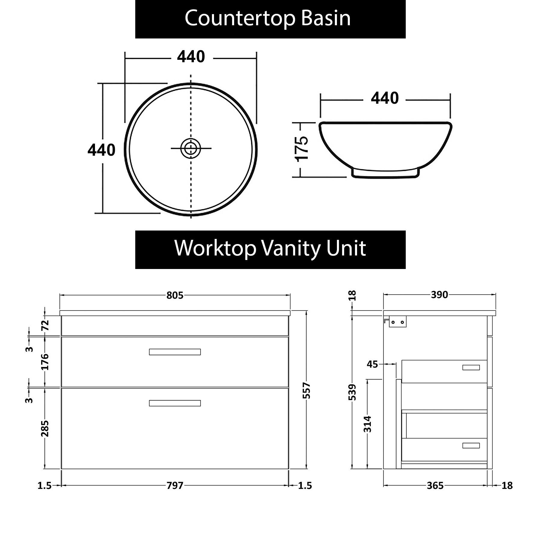 800mm Wall Hung Vanity Unit 2 Drawer Gloss White & Breeze Countertop Basin with Brushed Brass Handle
