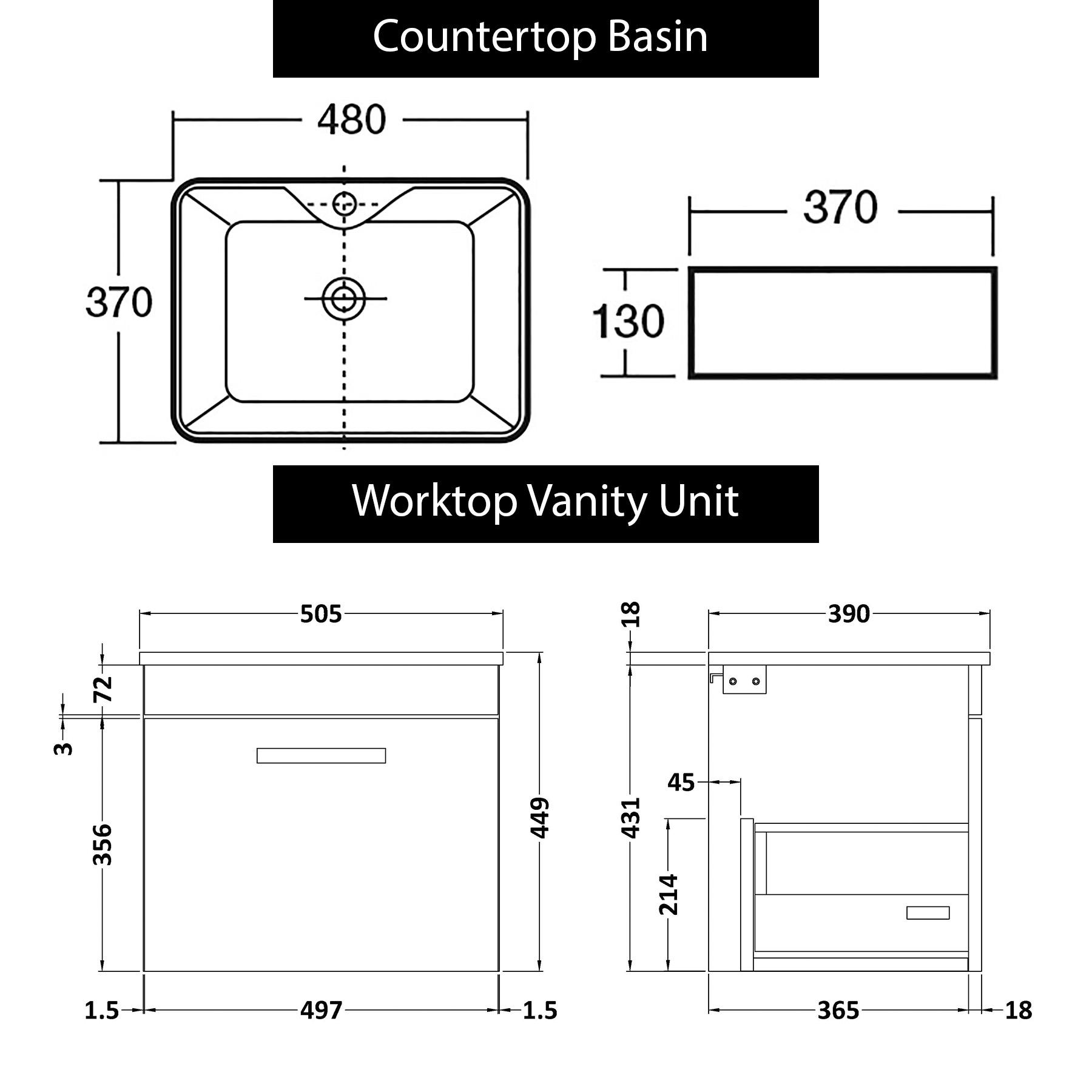 500mm Wall Hung Vanity Unit 2 Drawer Hale Black & Cube Countertop Basin with Matt Black Handle