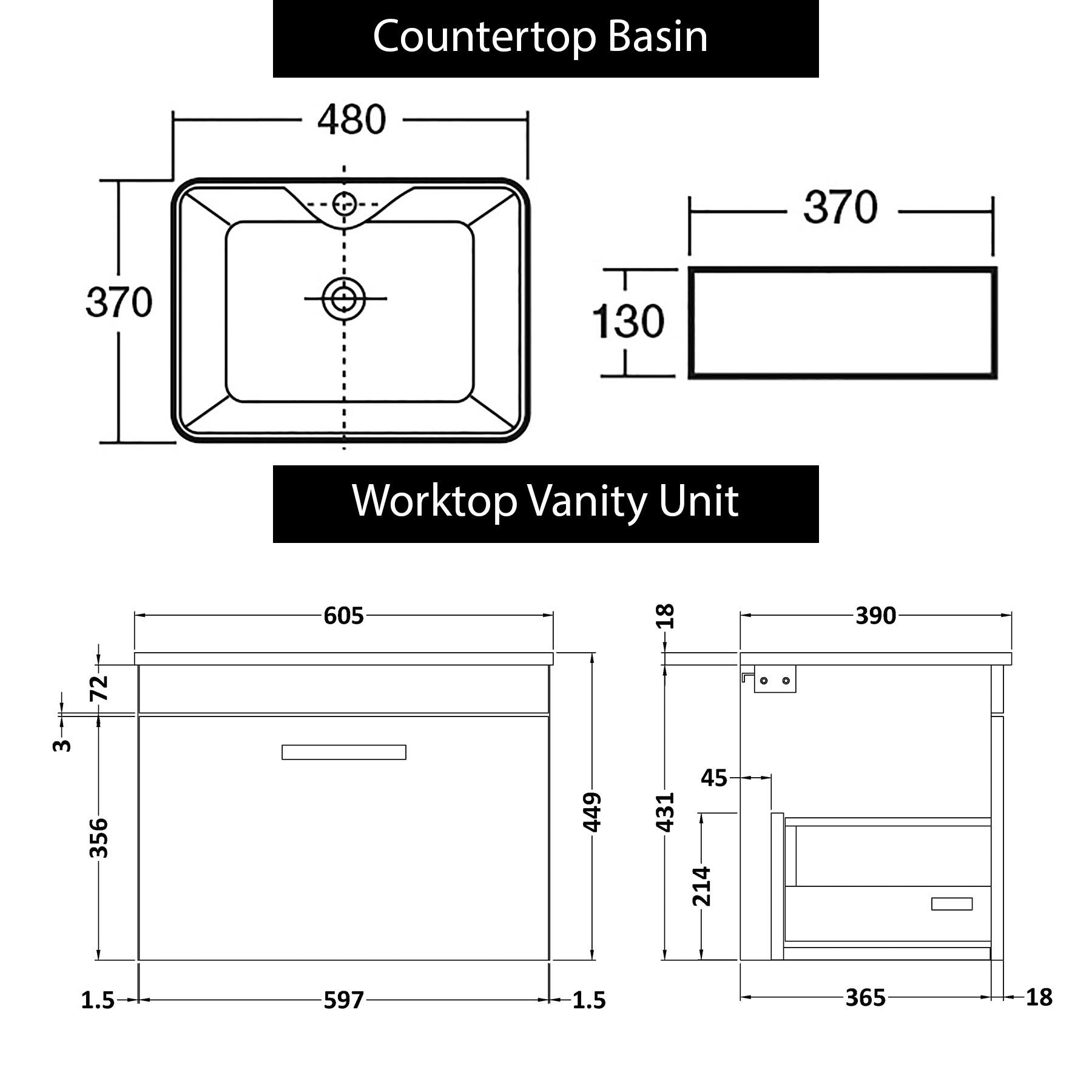600mm Wall Hung Vanity Unit 2 Drawer Gloss White & Cube Countertop Basin with Brushed Brass Handle