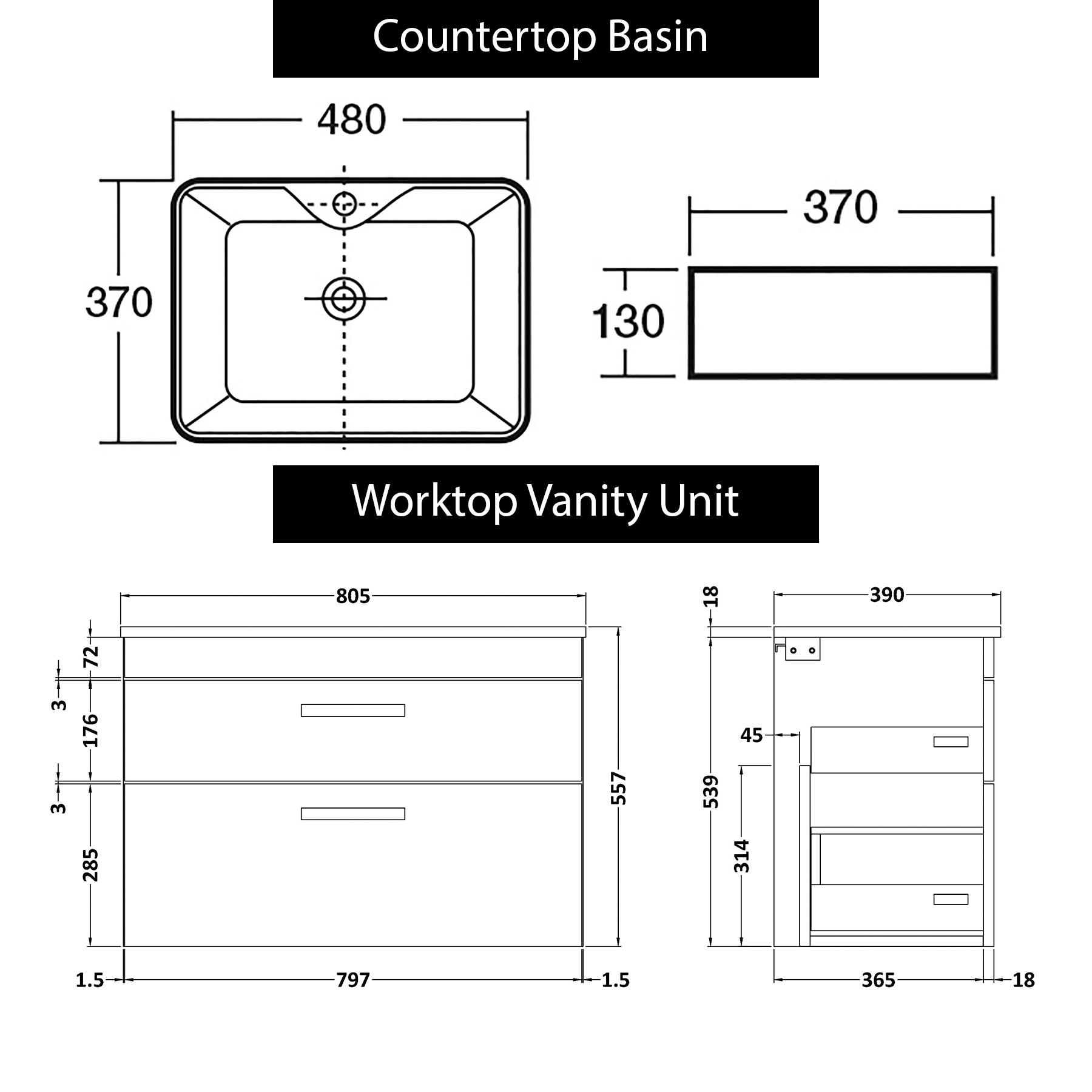 800mm Wall Hung Vanity Unit 2 Drawer Hale Black & Cube Countertop Basin with Brushed Brass Handle