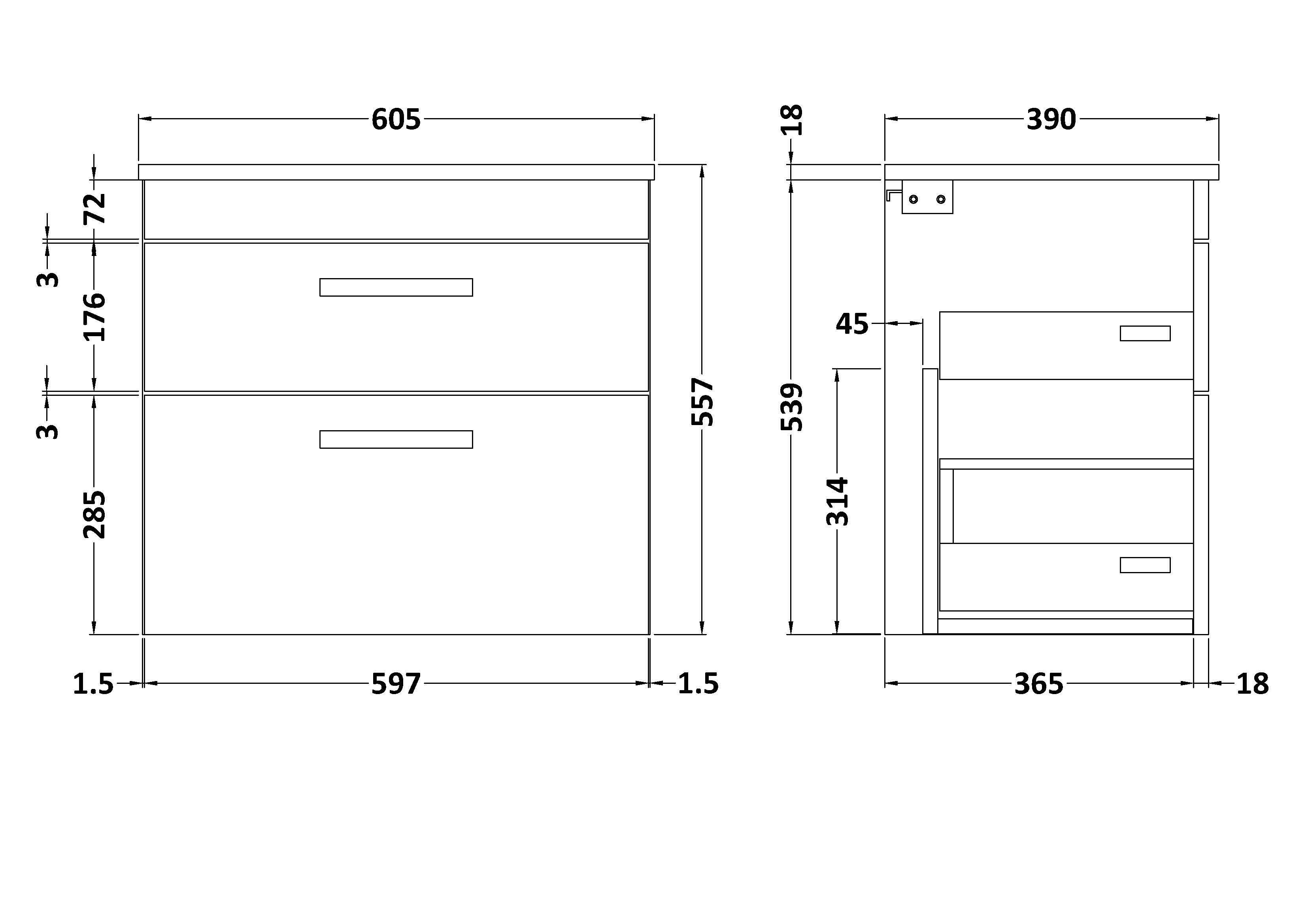 600mm Wall Hung Vanity Unit 2 Drawer Gloss White - Storage Cabinetwith Brushed Brass Handle