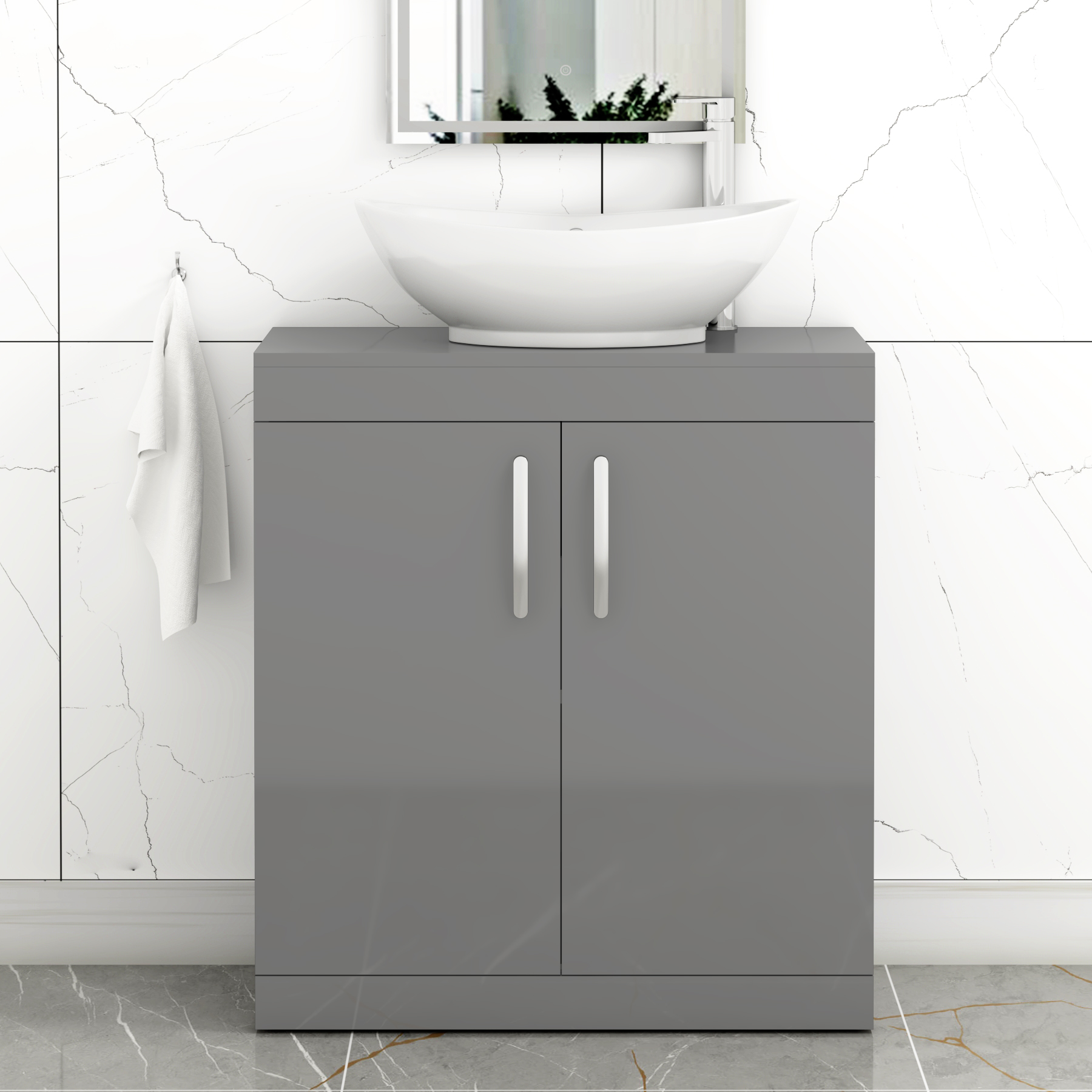 Turin 600mm Floor Standing Vanity Unit 2 Door Indigo Grey Gloss & Countertop Basin - Amaze