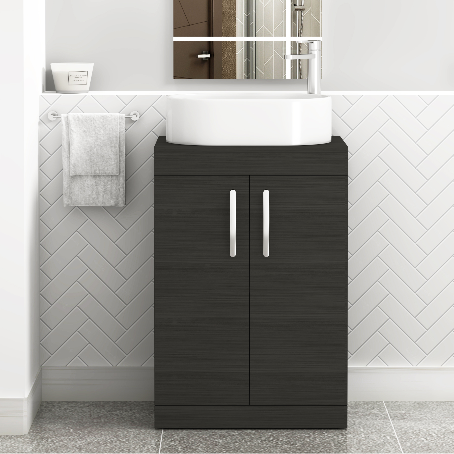 Turin 600mm Floor Standing Vanity Unit 2 Door Hale Black & Countertop Basin - Peak