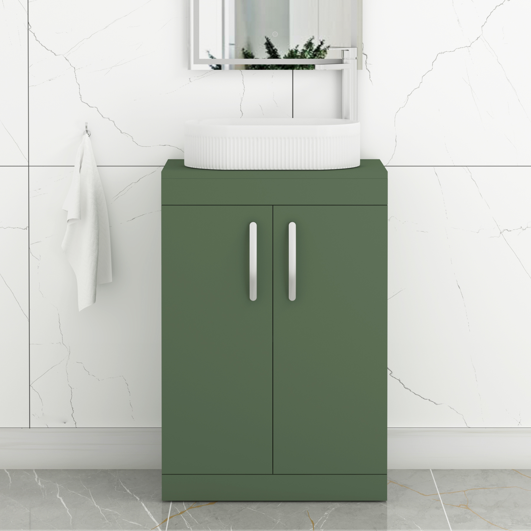 Turin 600mm Floor Standing Vanity Unit 2 Door Matte Green & Countertop Basin - Lyon