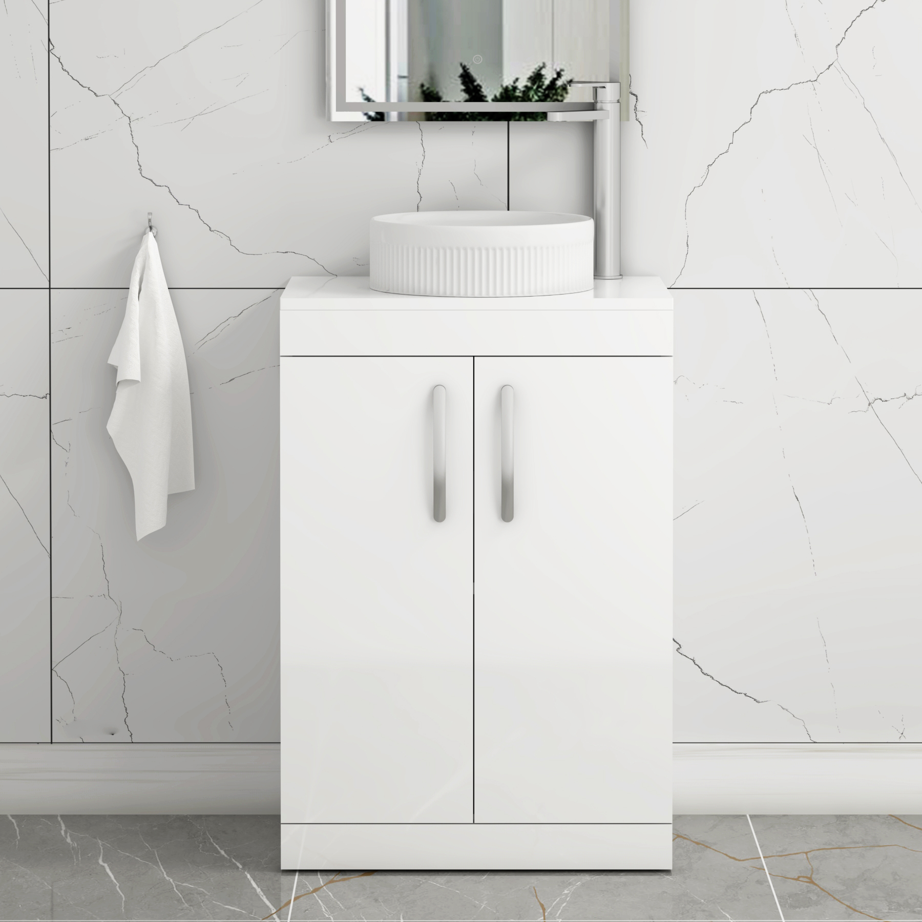 Turin 800mm Floor Standing Vanity Unit 2 Door Gloss White & Countertop Basin - Round