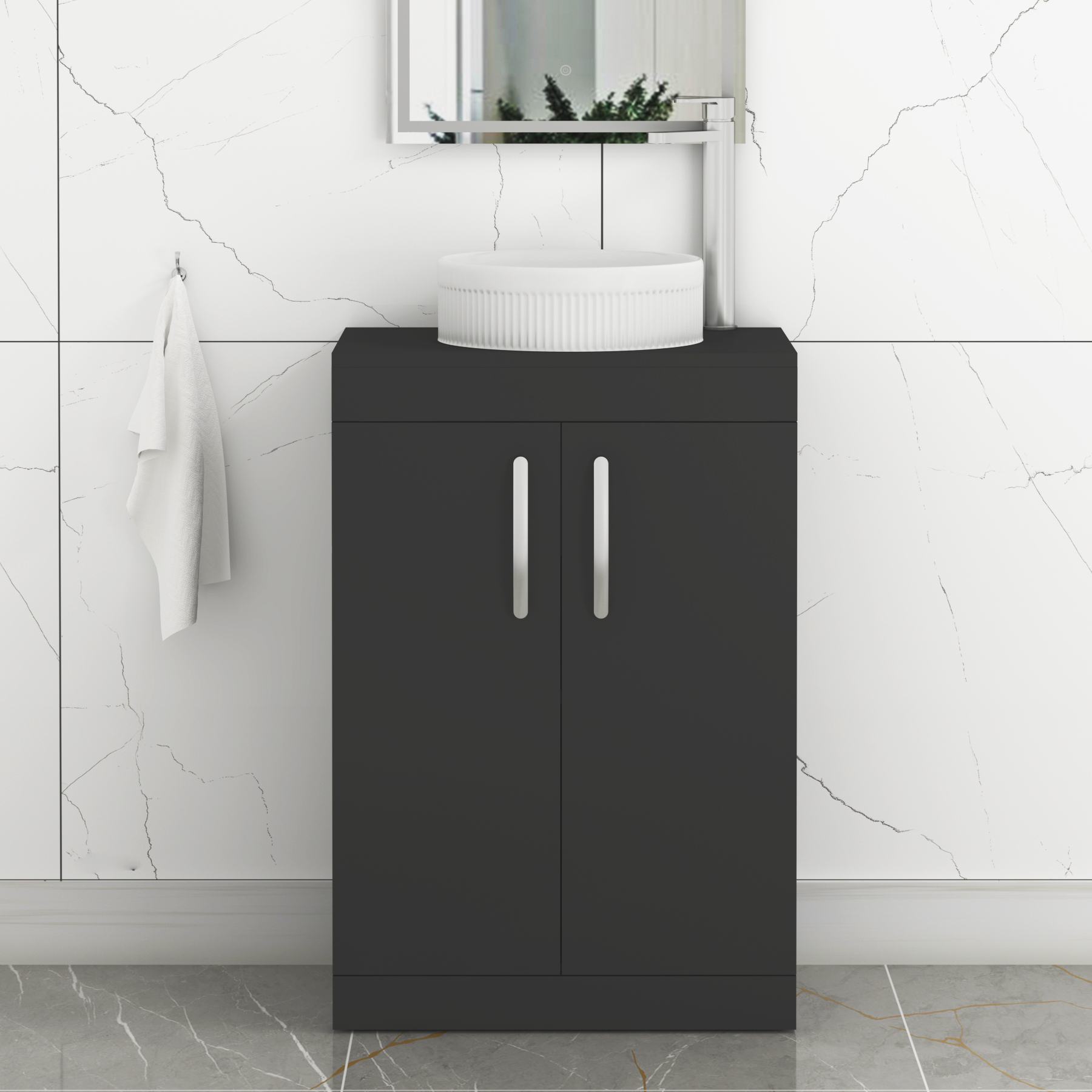 Turin 800mm Floor Standing Vanity Unit 2 Door Matte Black & Countertop Basin - Round