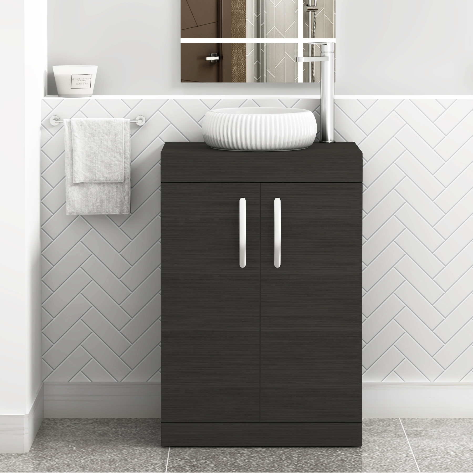 Turin 600mm Floor Standing Vanity Unit 2 Door Hale Black & Countertop Basin - Milan