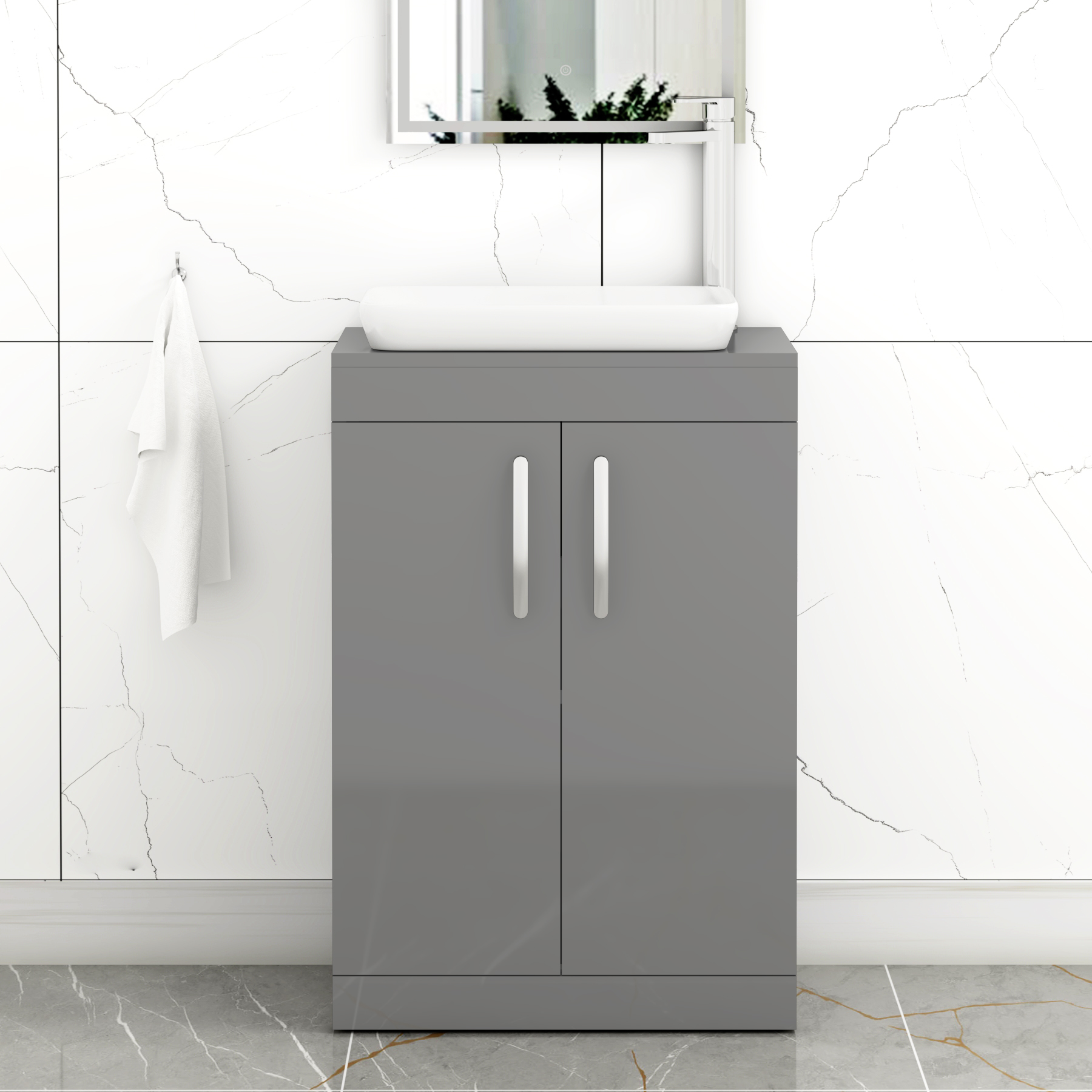 Turin 600mm Floor Standing Vanity Unit 2 Door Indigo Grey Gloss & Countertop Basin - Qubix