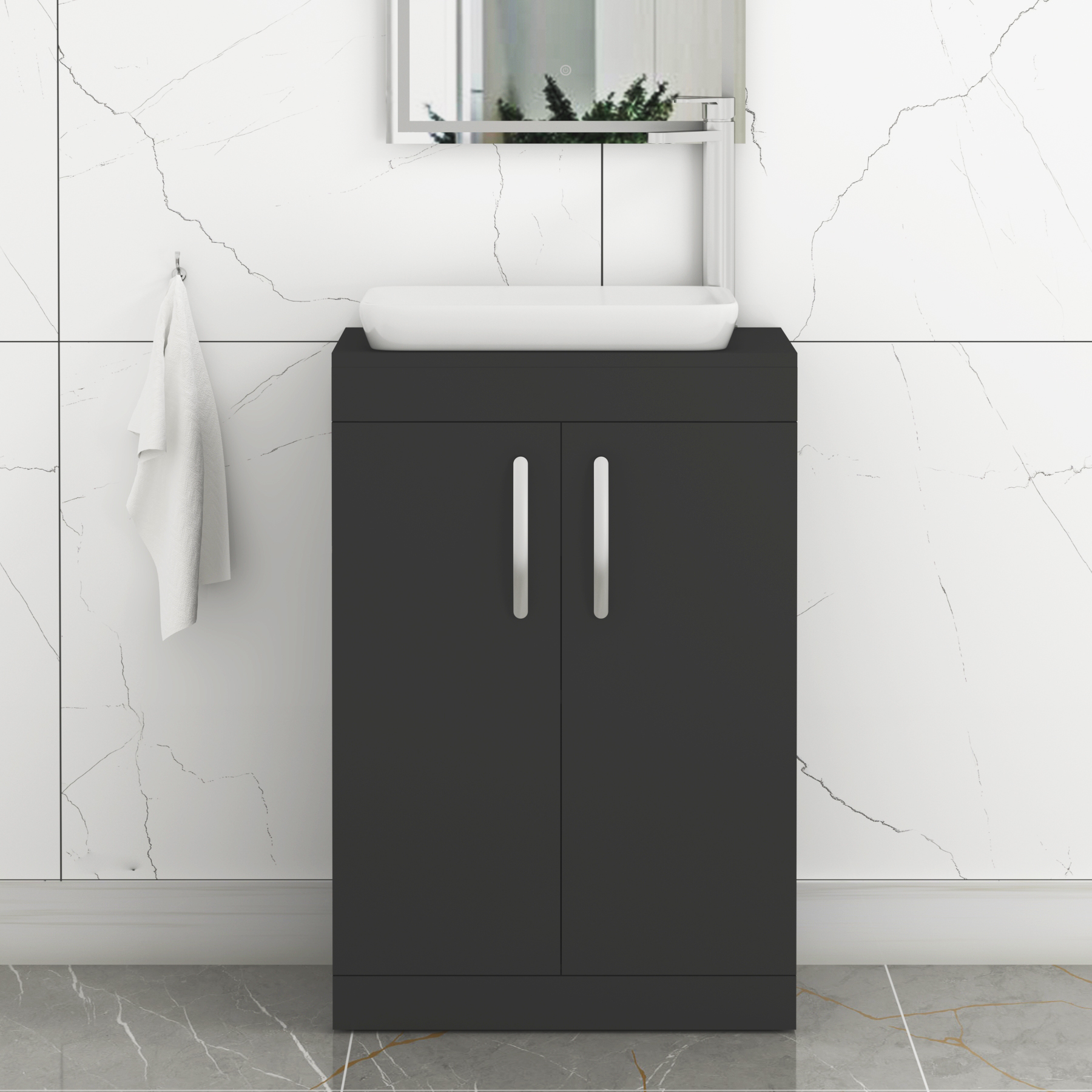 Turin 600mm Floor Standing Vanity Unit 2 Door Matte Black & Countertop Basin - Qubix