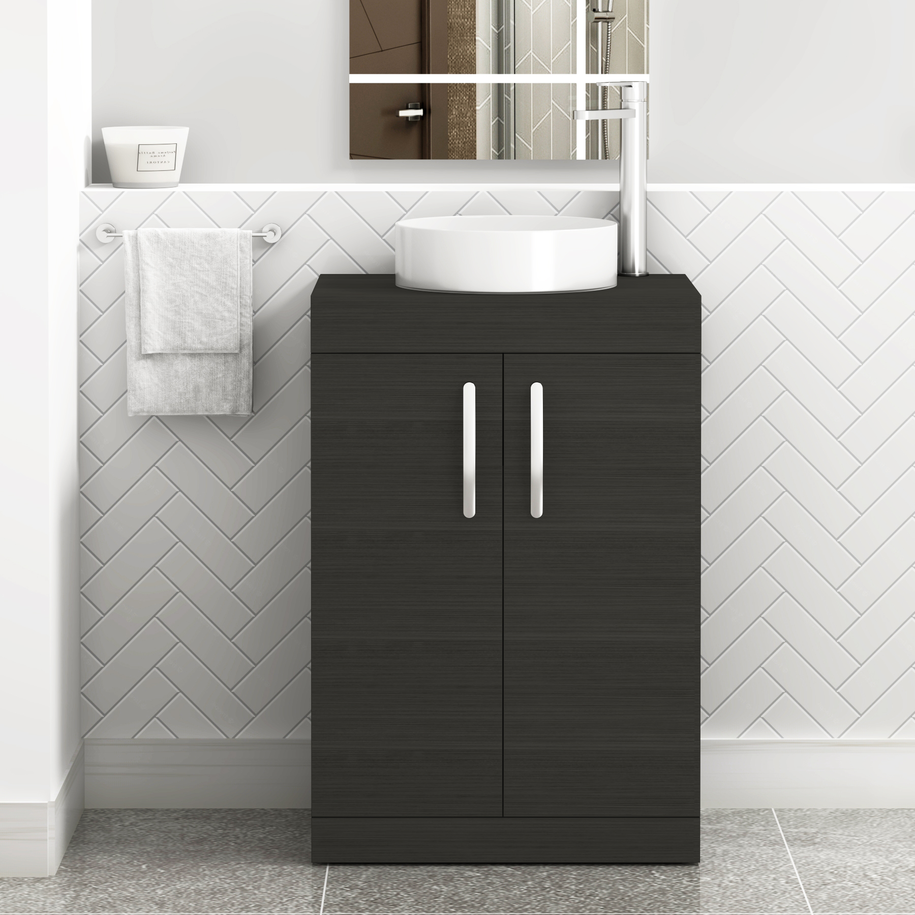 Turin 600mm Floor Standing Vanity Unit 2 Door Hale Black & Countertop Basin - Art
