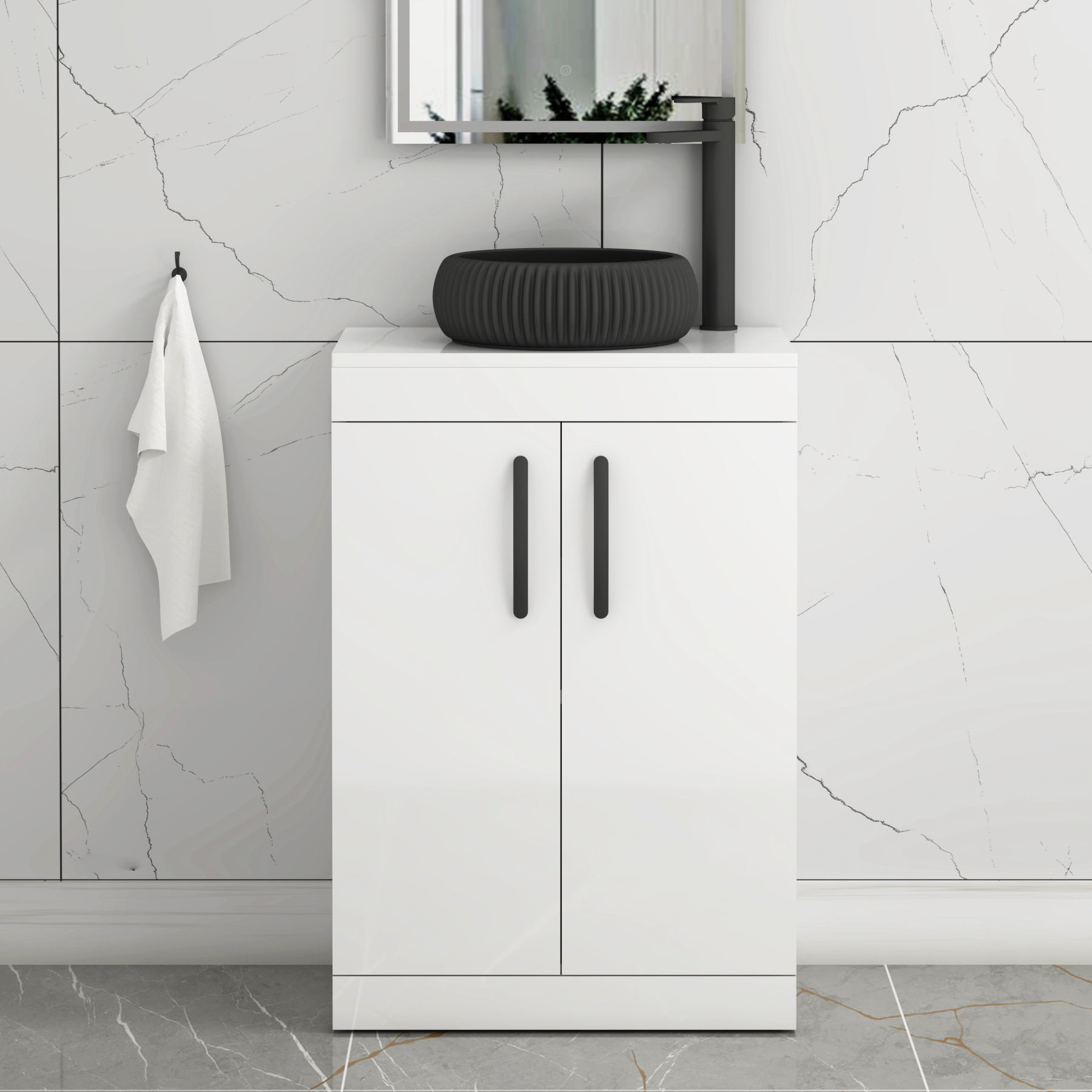 Turin 800mm Floor Standing Vanity Unit 2 Door Gloss White & Countertop Basin - Milan Black