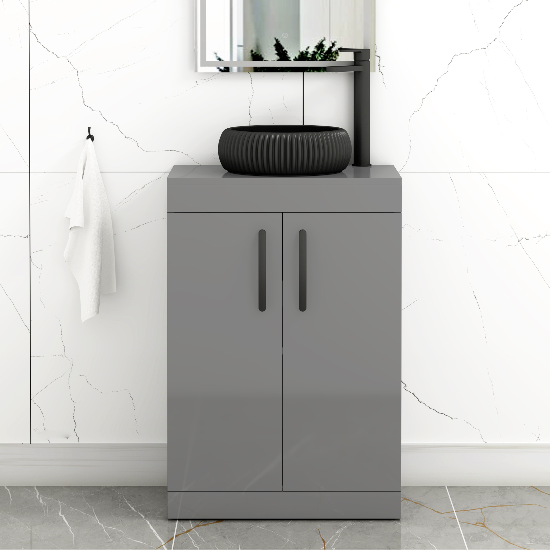 Turin 600mm Floor Standing Vanity Unit 2 Door Indigo Grey Gloss & Countertop Basin - Milan Black