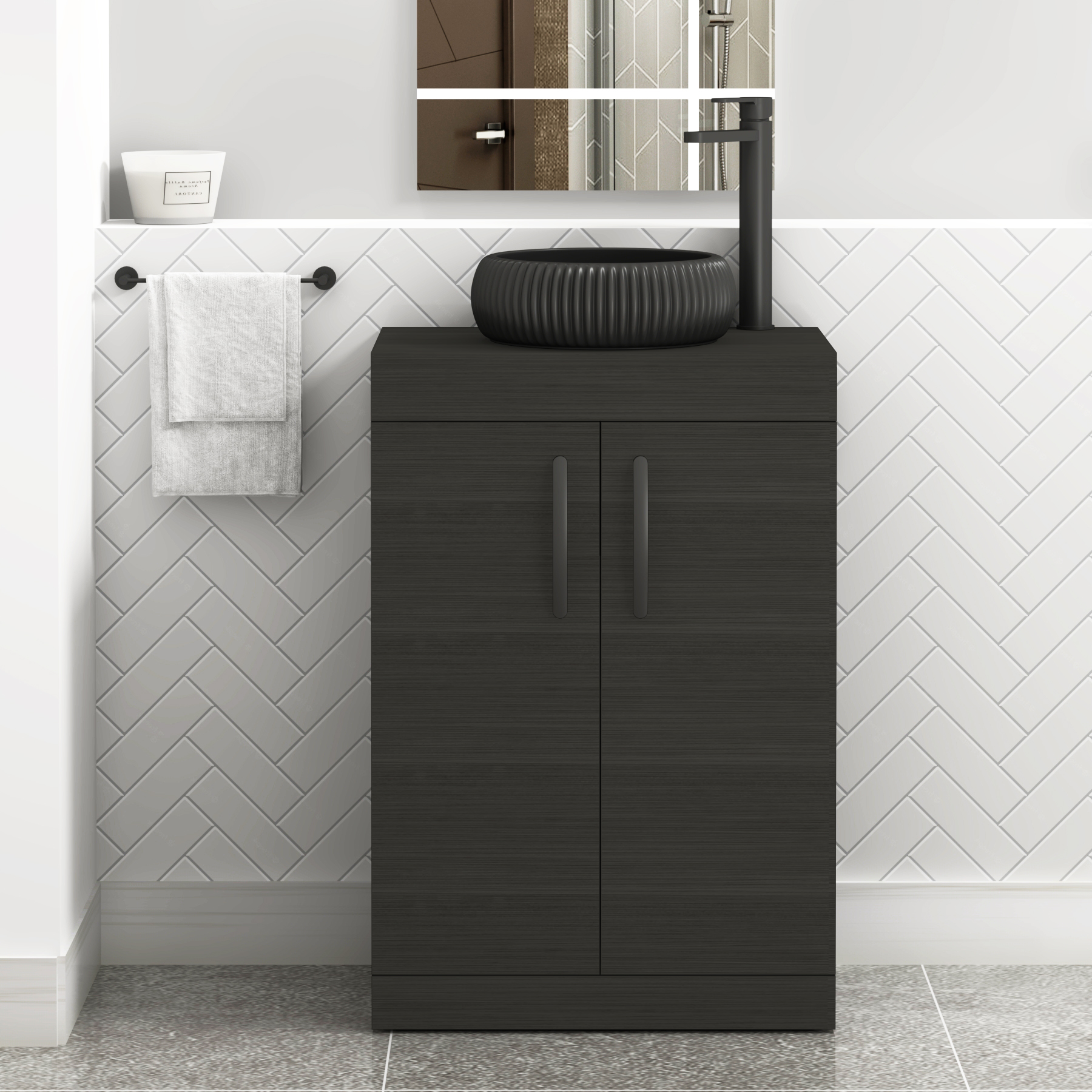Turin 600mm Floor Standing Vanity Unit 2 Door Hale Black & Countertop Basin - Milan Black