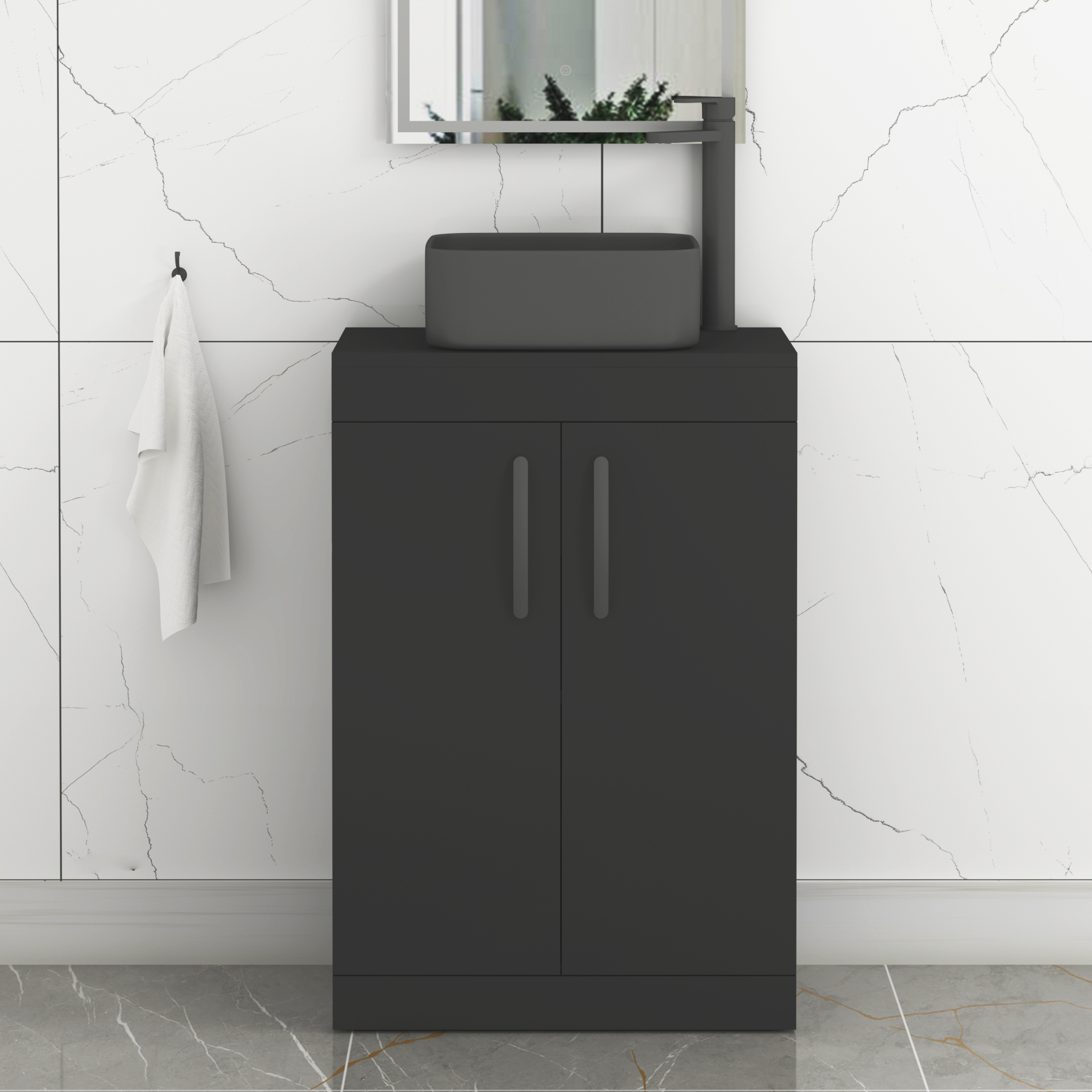 Turin 600mm Floor Standing Vanity Unit 2 Door Matte Black & Countertop Basin - Art Square