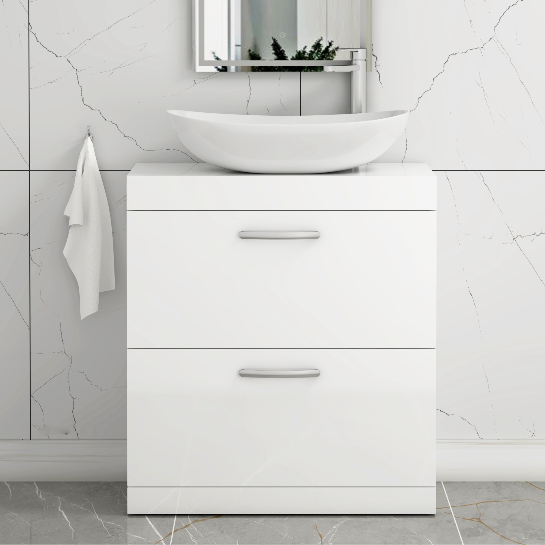 Turin 600mm Floor Standing Vanity Unit 2 Drawer Gloss White & Countertop Basin - Cesar