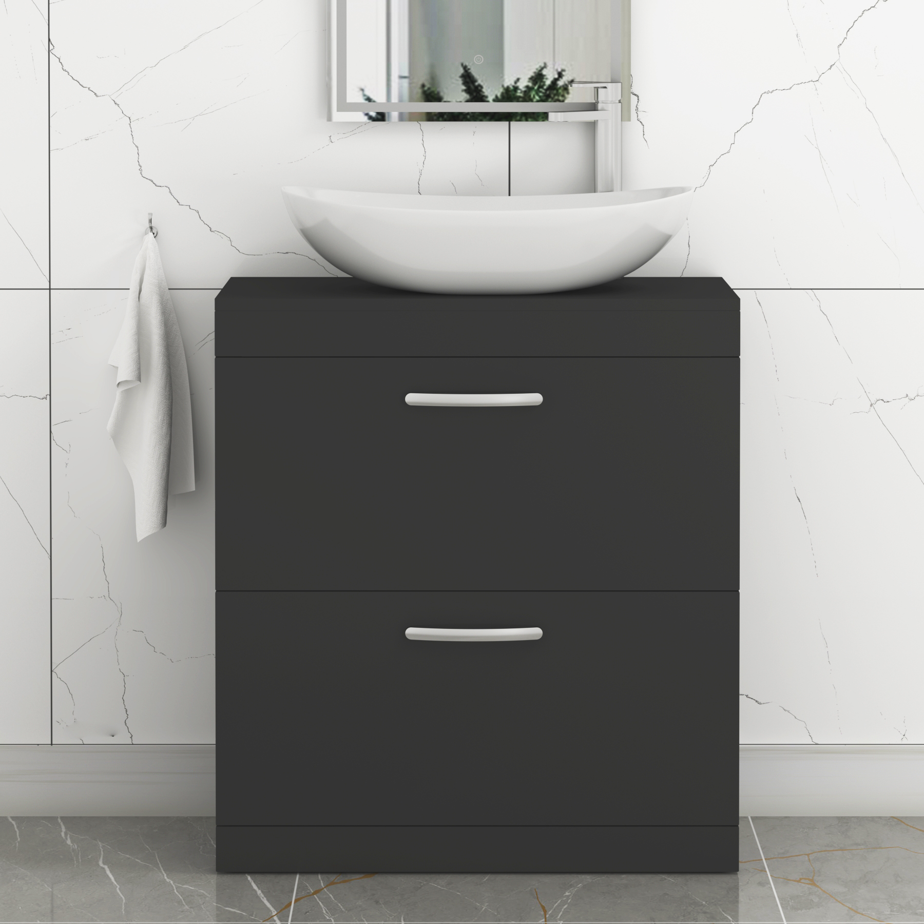 Turin 600mm Floor Standing Vanity Unit 2 Drawer Matte Black & Countertop Basin - Cesar