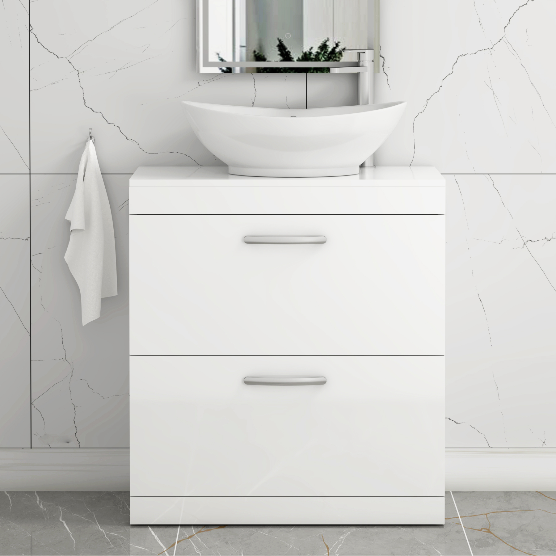 Turin 600mm Floor Standing Vanity Unit 2 Drawer Gloss White & Countertop Basin - Amaze