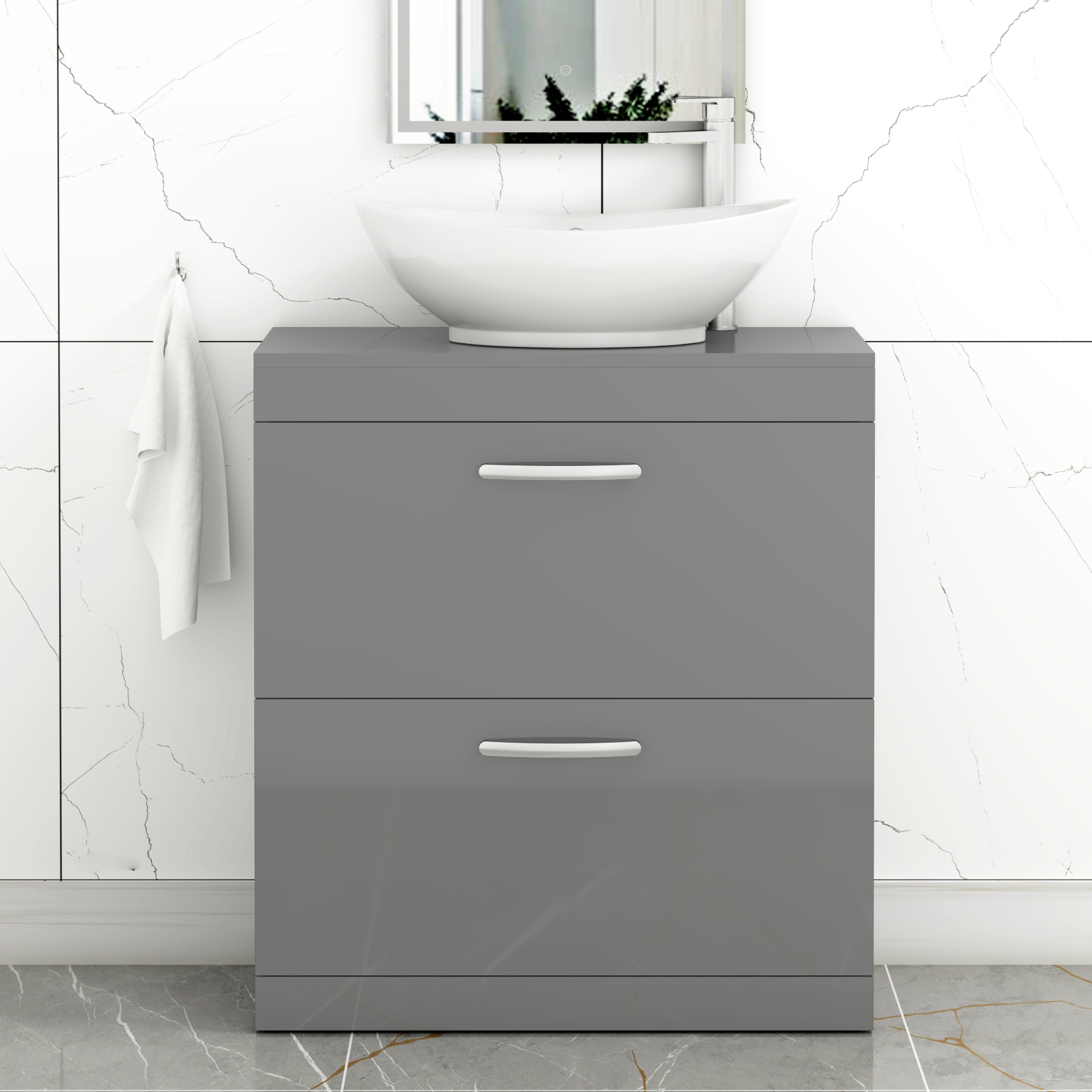 Turin 800mm Floor Standing Vanity Unit 2 Drawer Indigo Grey Gloss & Countertop Basin - Amaze