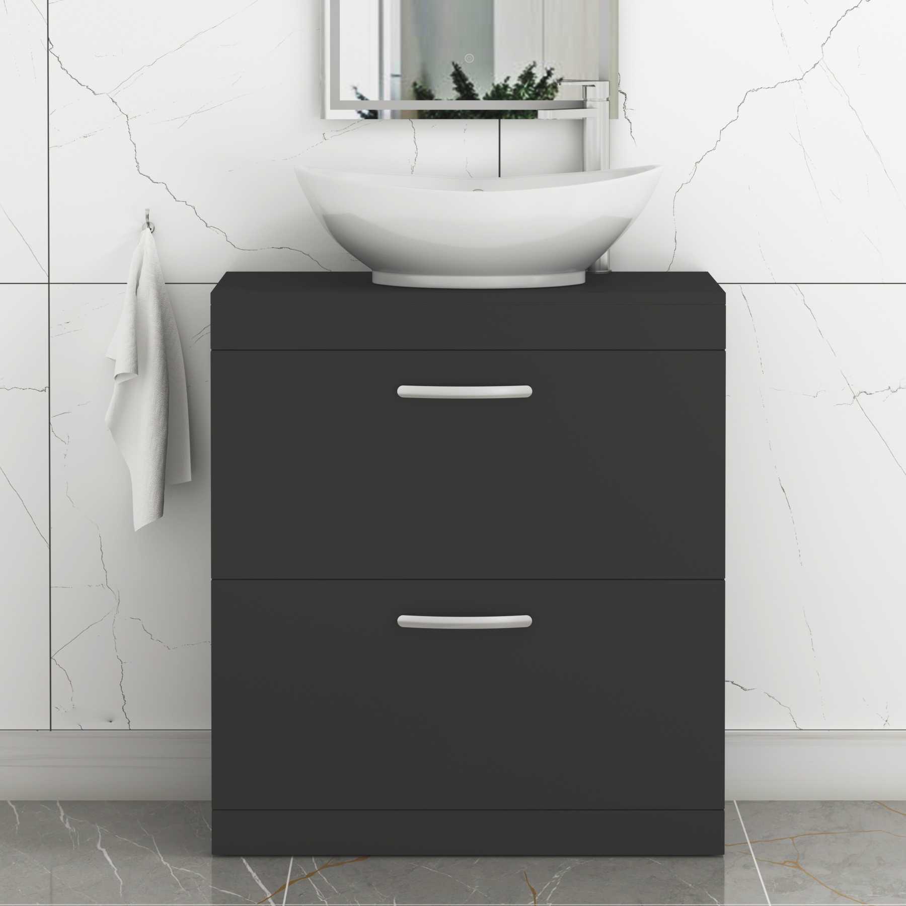 Turin 600mm Floor Standing Vanity Unit 2 Drawer Matte Black & Countertop Basin - Amaze