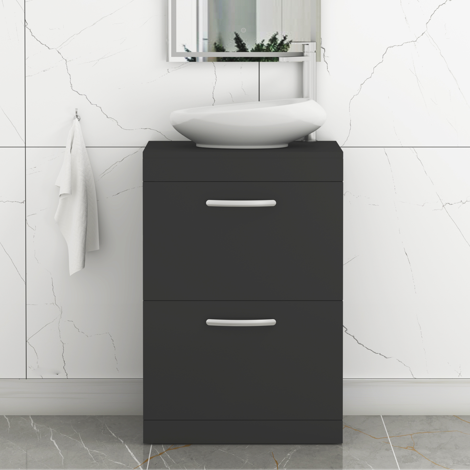 Turin 800mm Floor Standing Vanity Unit 2 Drawer Matte Black & Countertop Basin - Nova
