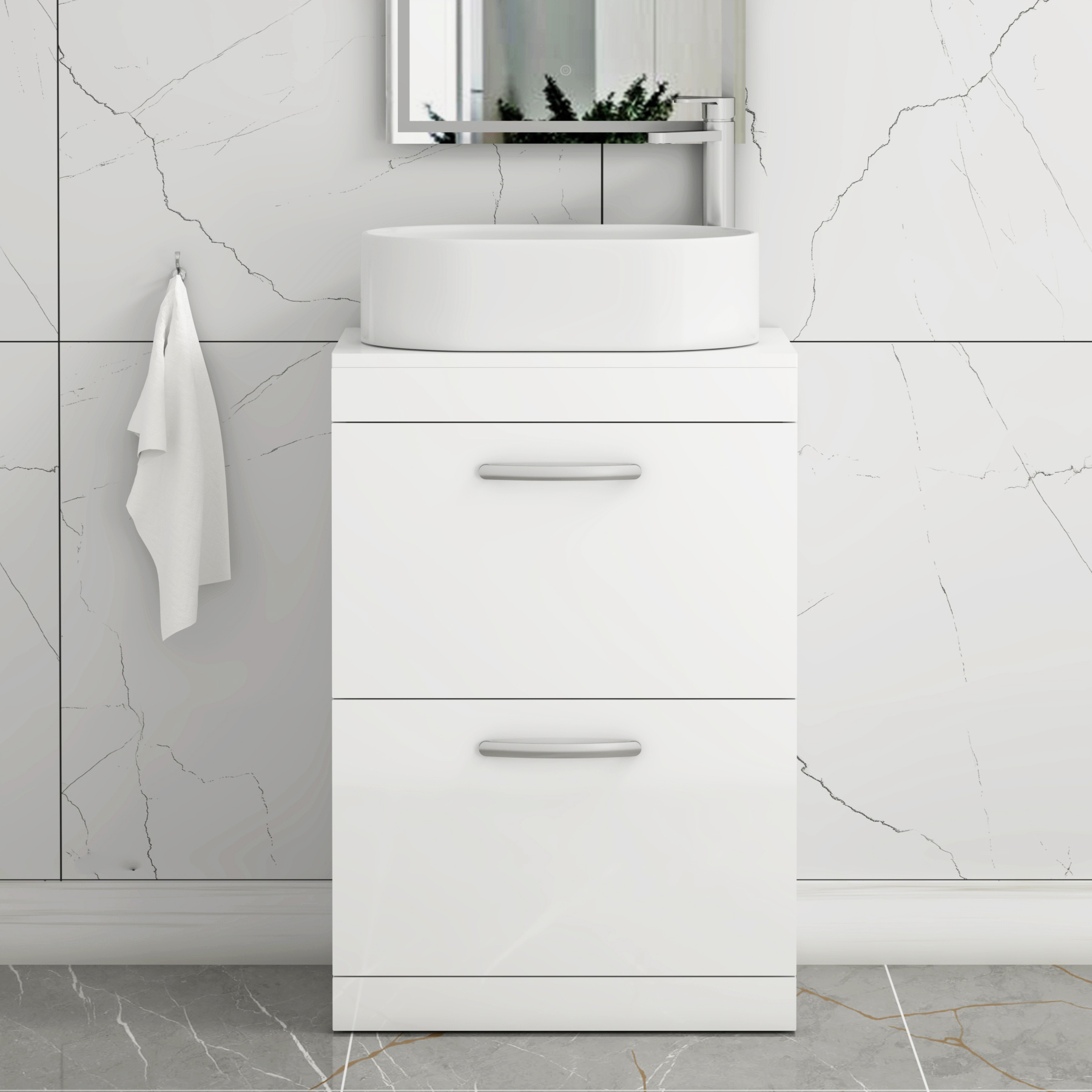 Turin 600mm Floor Standing Vanity Unit 2 Drawer Gloss White & Countertop Basin - Peak