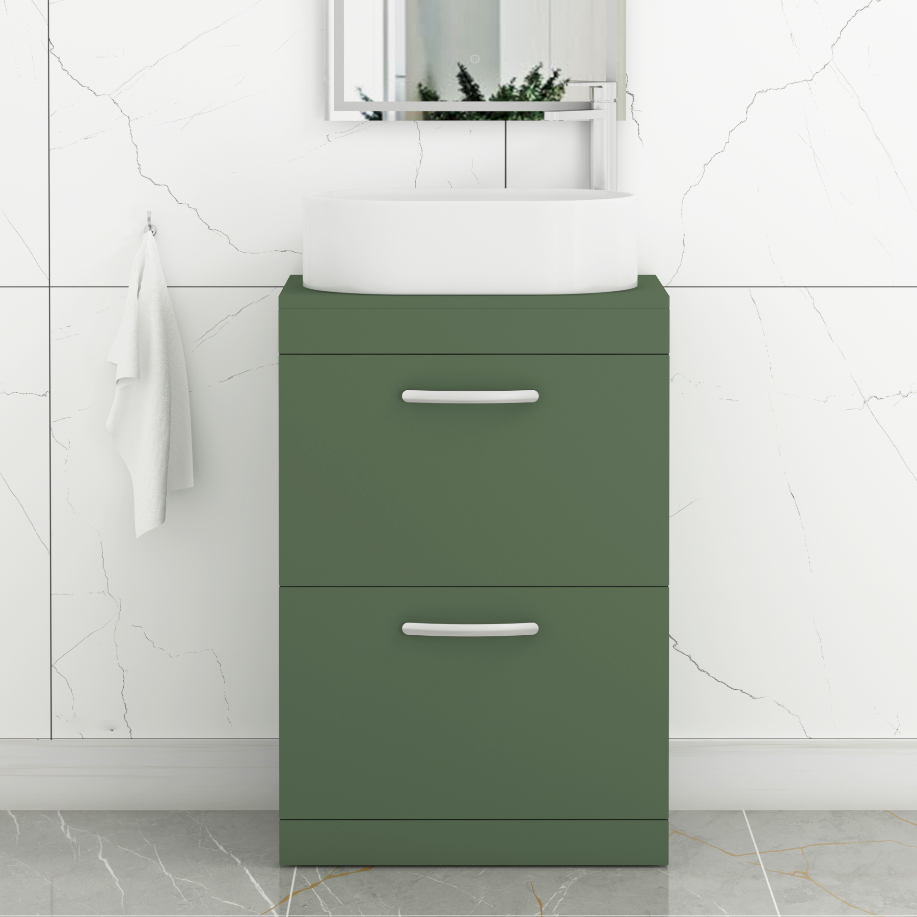 Turin 500mm Floor Standing Vanity Unit 2 Drawer Matte Green & Countertop Basin - Peak