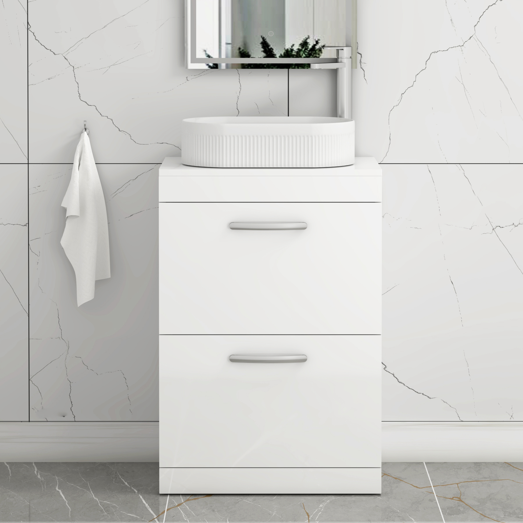 Turin 800mm Floor Standing Vanity Unit 2 Drawer Gloss White & Countertop Basin - Lyon